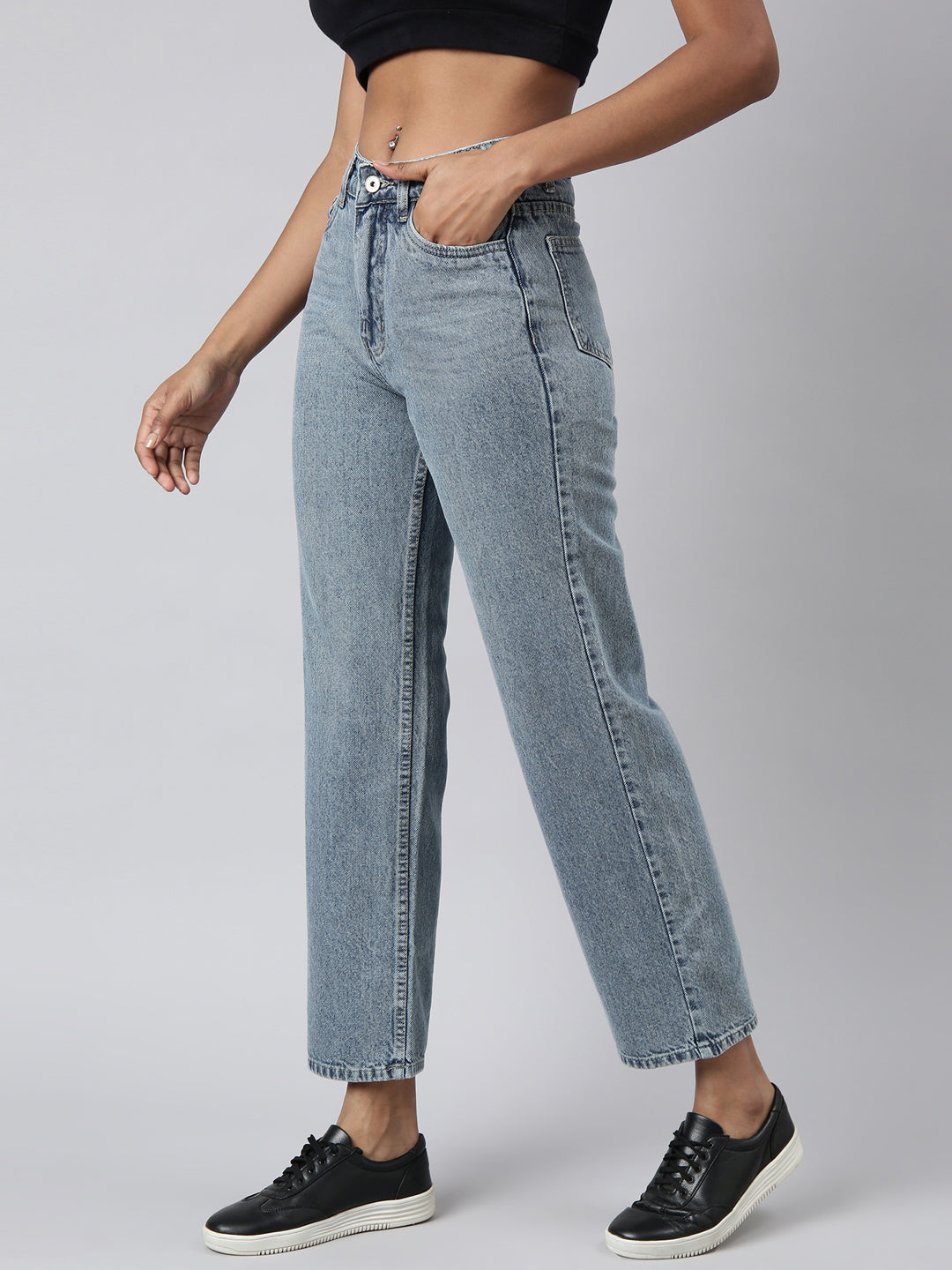 Women's Blue Straight Fit Heavy Fade Acid Wash Jeans