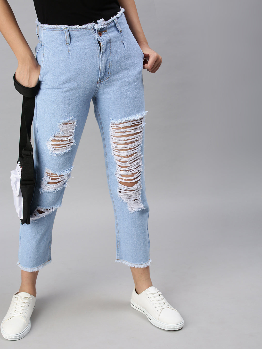 Women's Blue Mom Fit High-Rise Highly Distressed Light Fade Mom Fit Jeans
