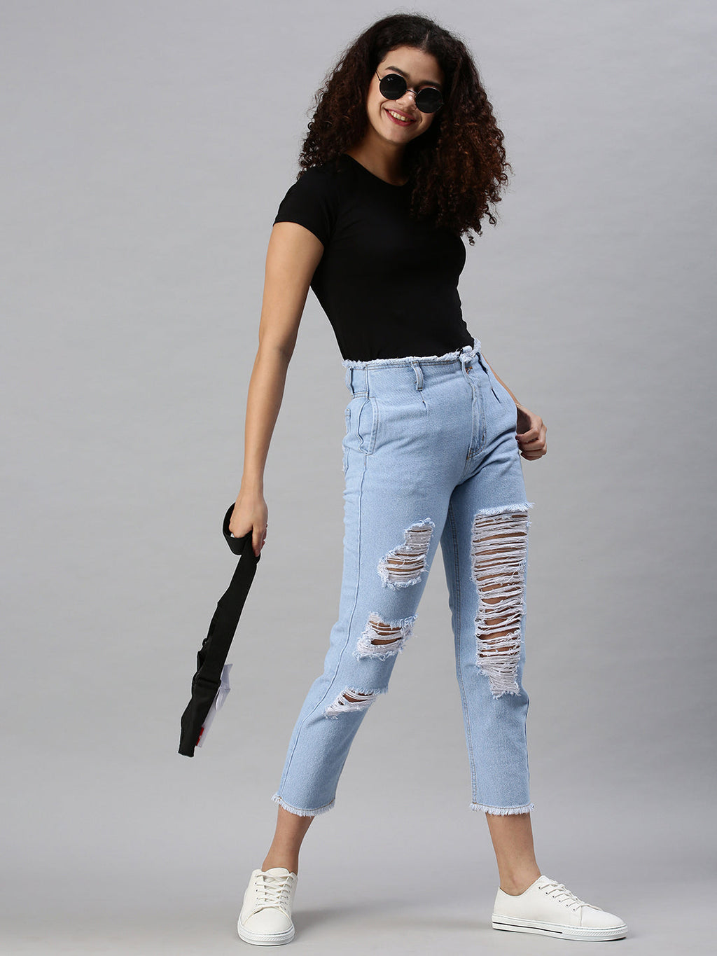 Women's Blue Mom Fit High-Rise Highly Distressed Light Fade Mom Fit Jeans