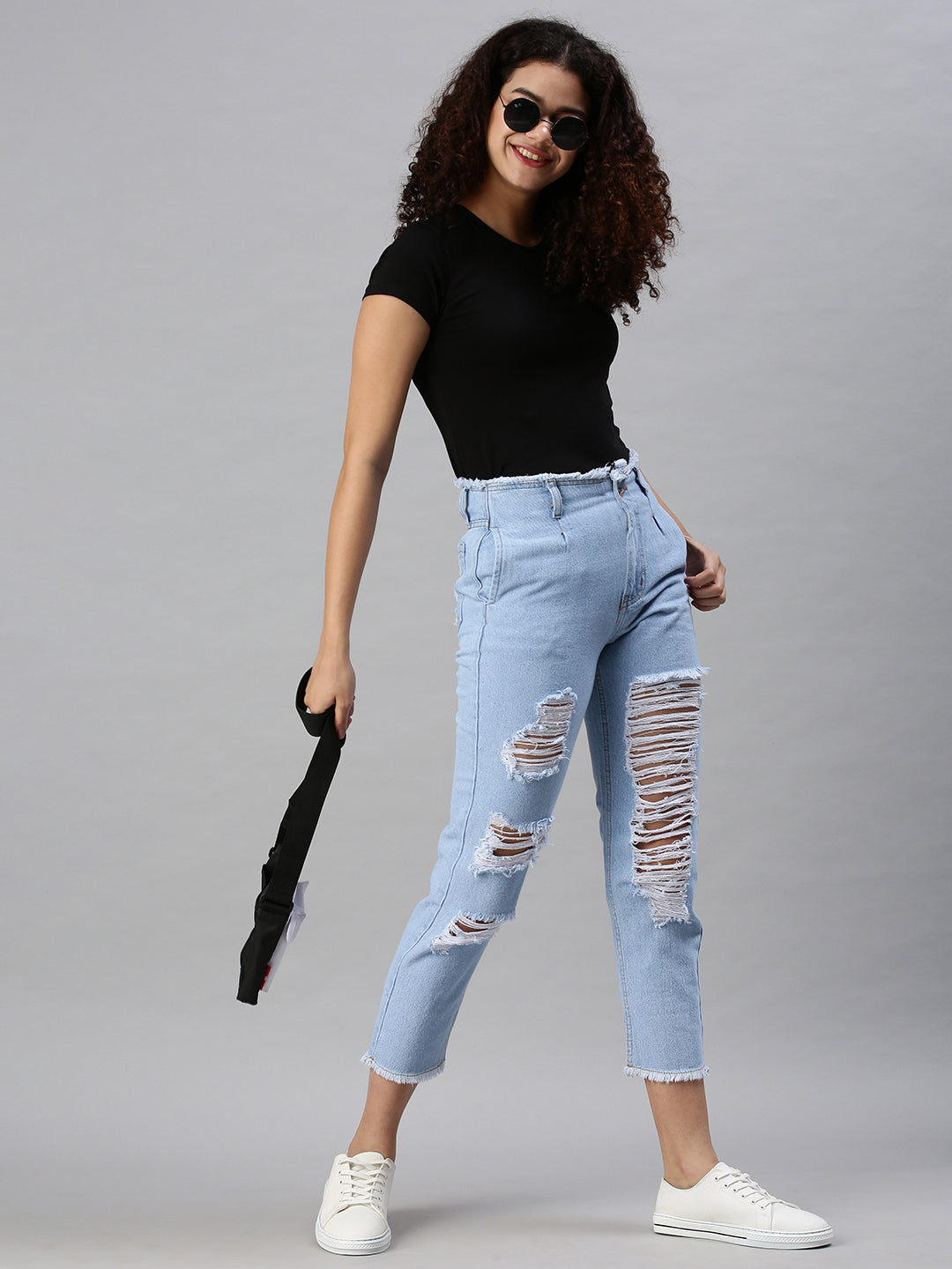 Women's Blue Mom Fit High-Rise Highly Distressed Light Fade Mom Fit Jeans