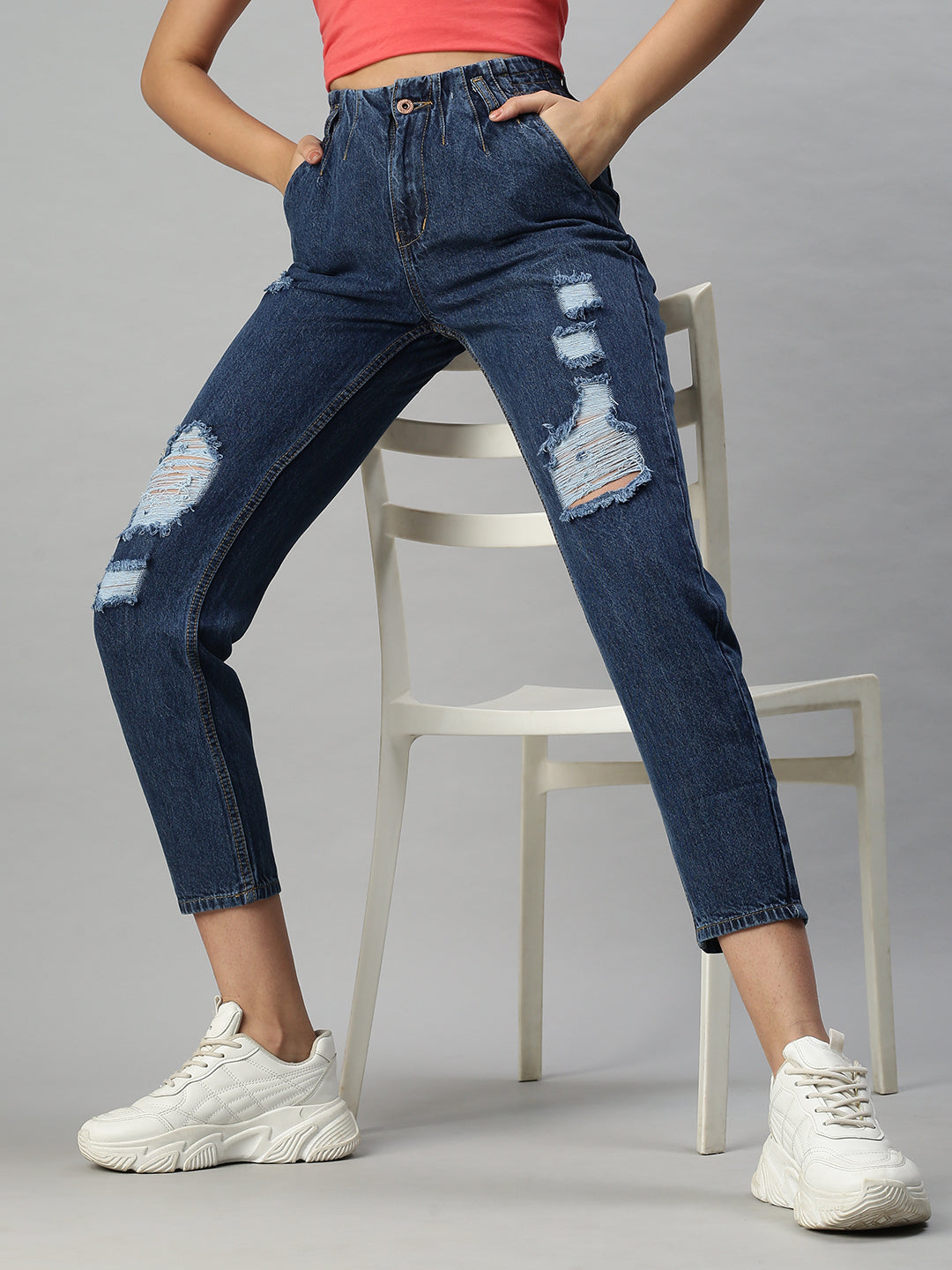 Women's Navy Blue High-Rise Cotton Mildly Distressed Jeans