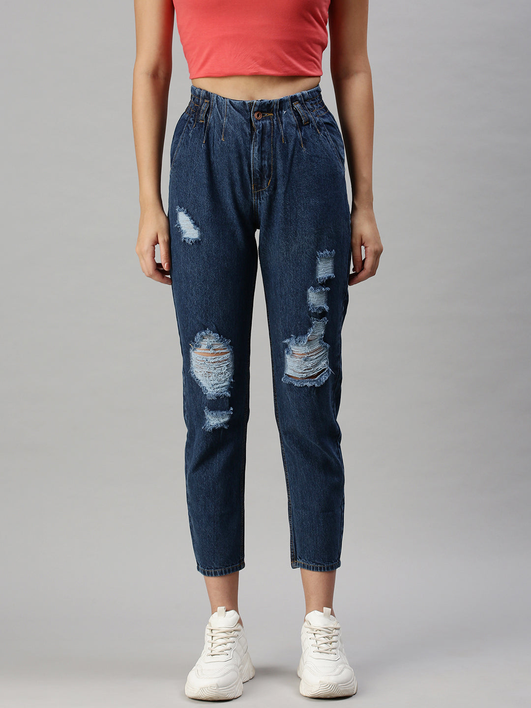 Women's Navy Blue High-Rise Cotton Mildly Distressed Jeans