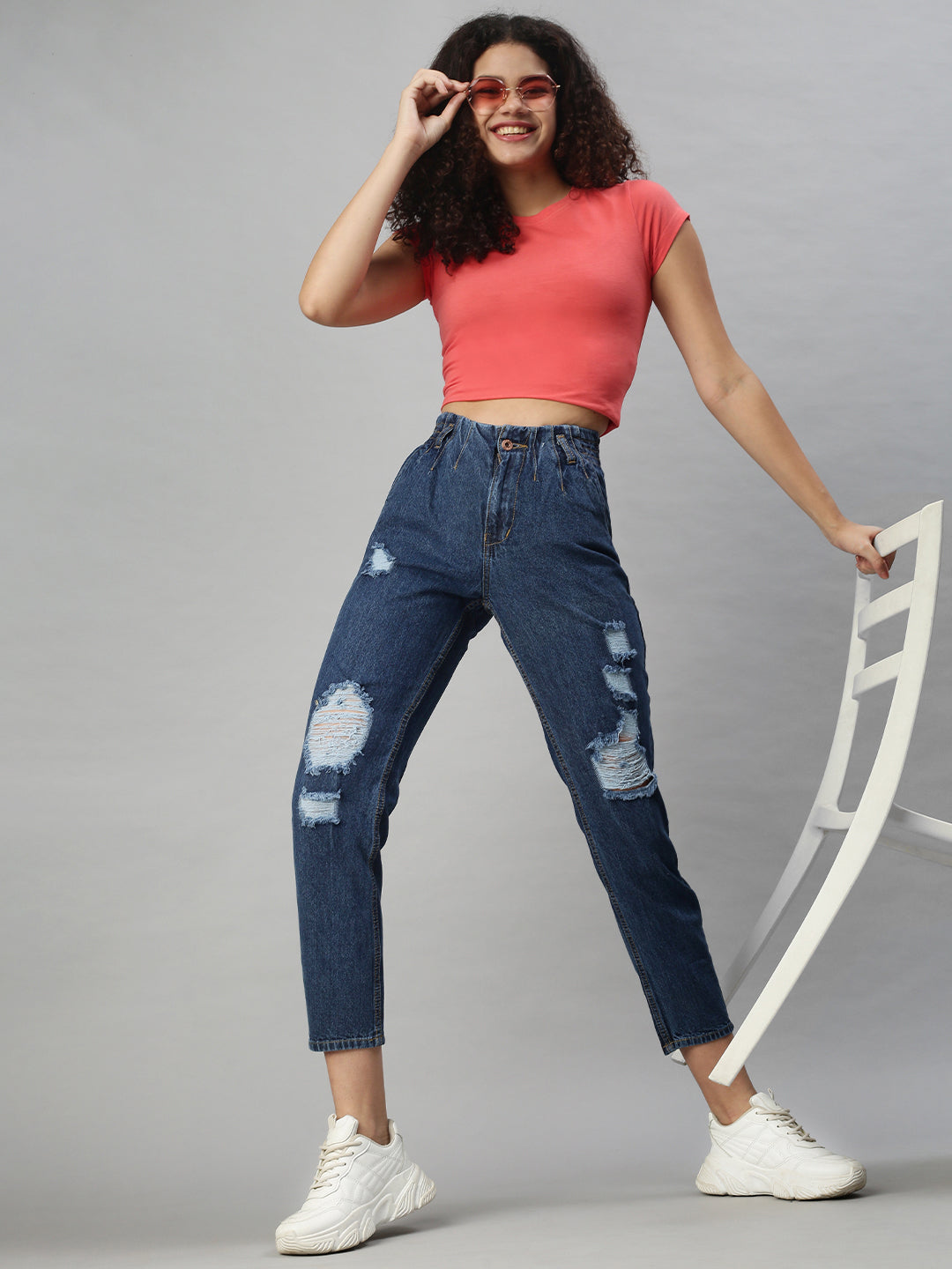 Women's Navy Blue High-Rise Cotton Mildly Distressed Jeans