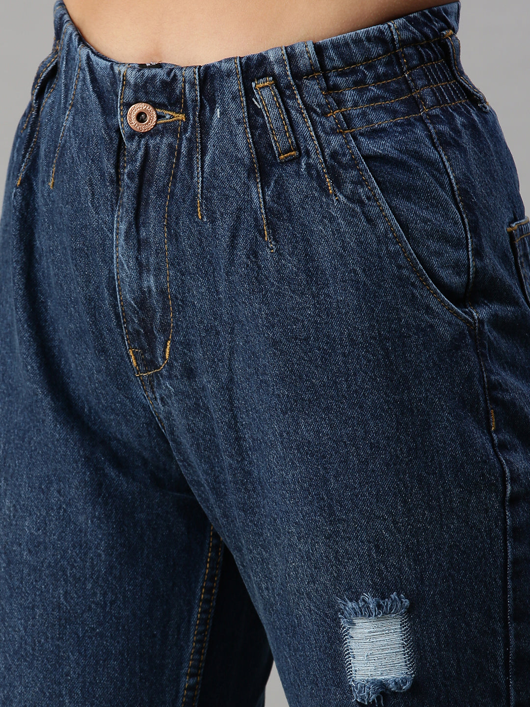 Women's Navy Blue High-Rise Cotton Mildly Distressed Jeans