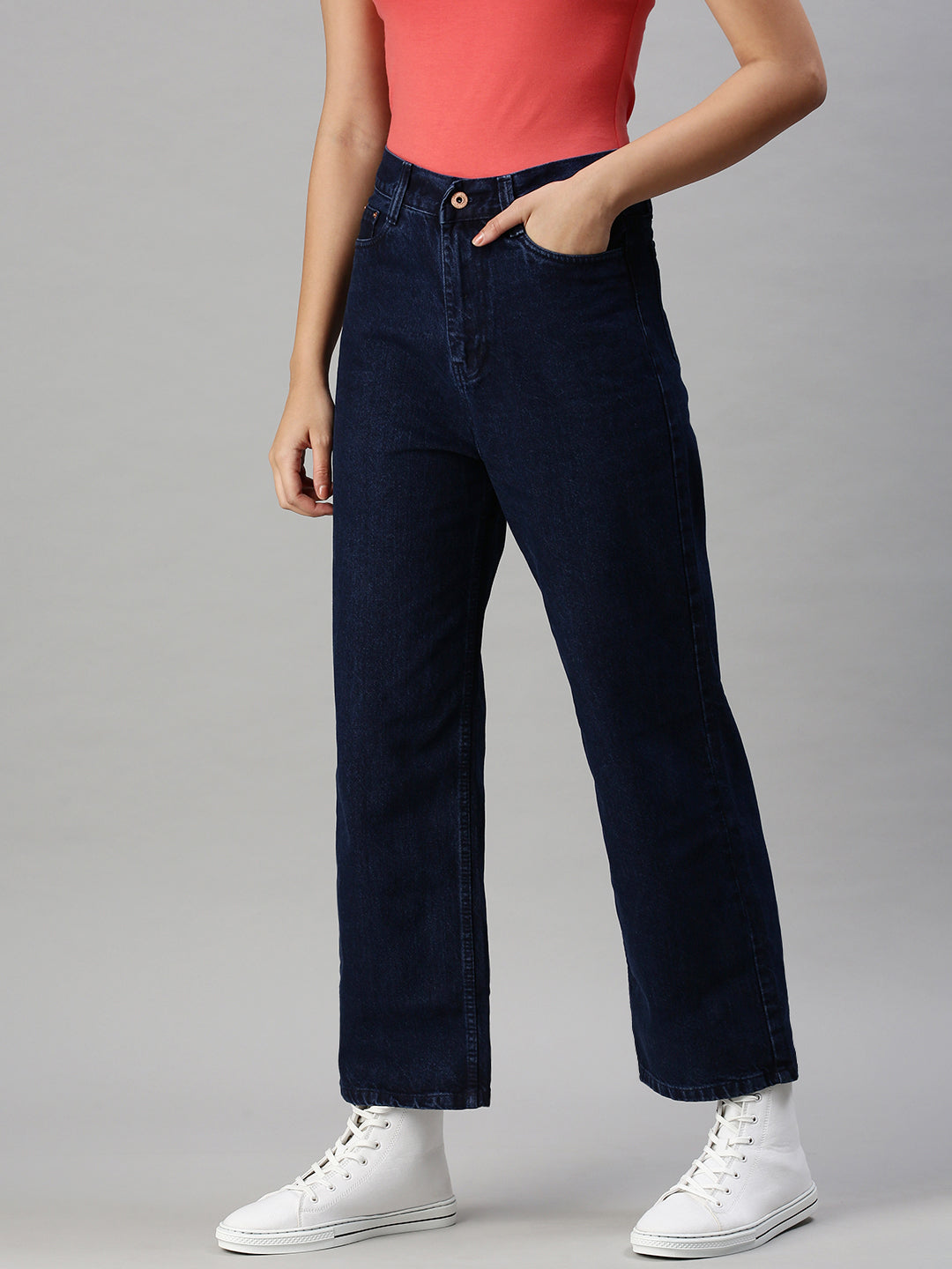 Women's Navy Blue Wide Leg Cotton High-Rise Clean Look Jeans