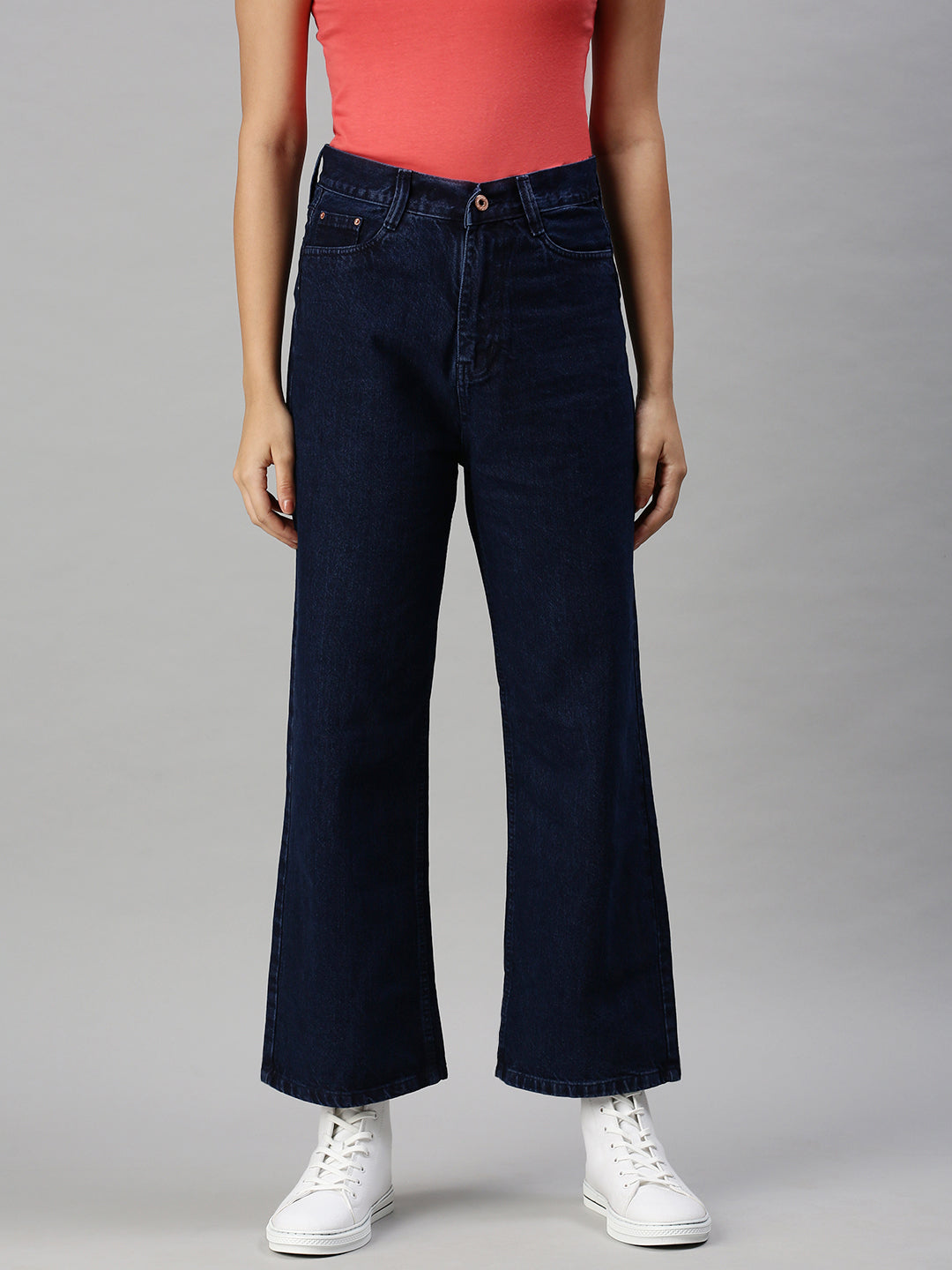 Women's Navy Blue Wide Leg Cotton High-Rise Clean Look Jeans