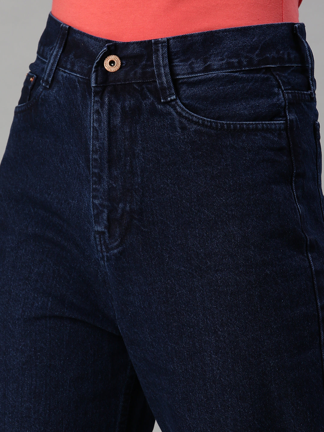 Women's Navy Blue Wide Leg Cotton High-Rise Clean Look Jeans