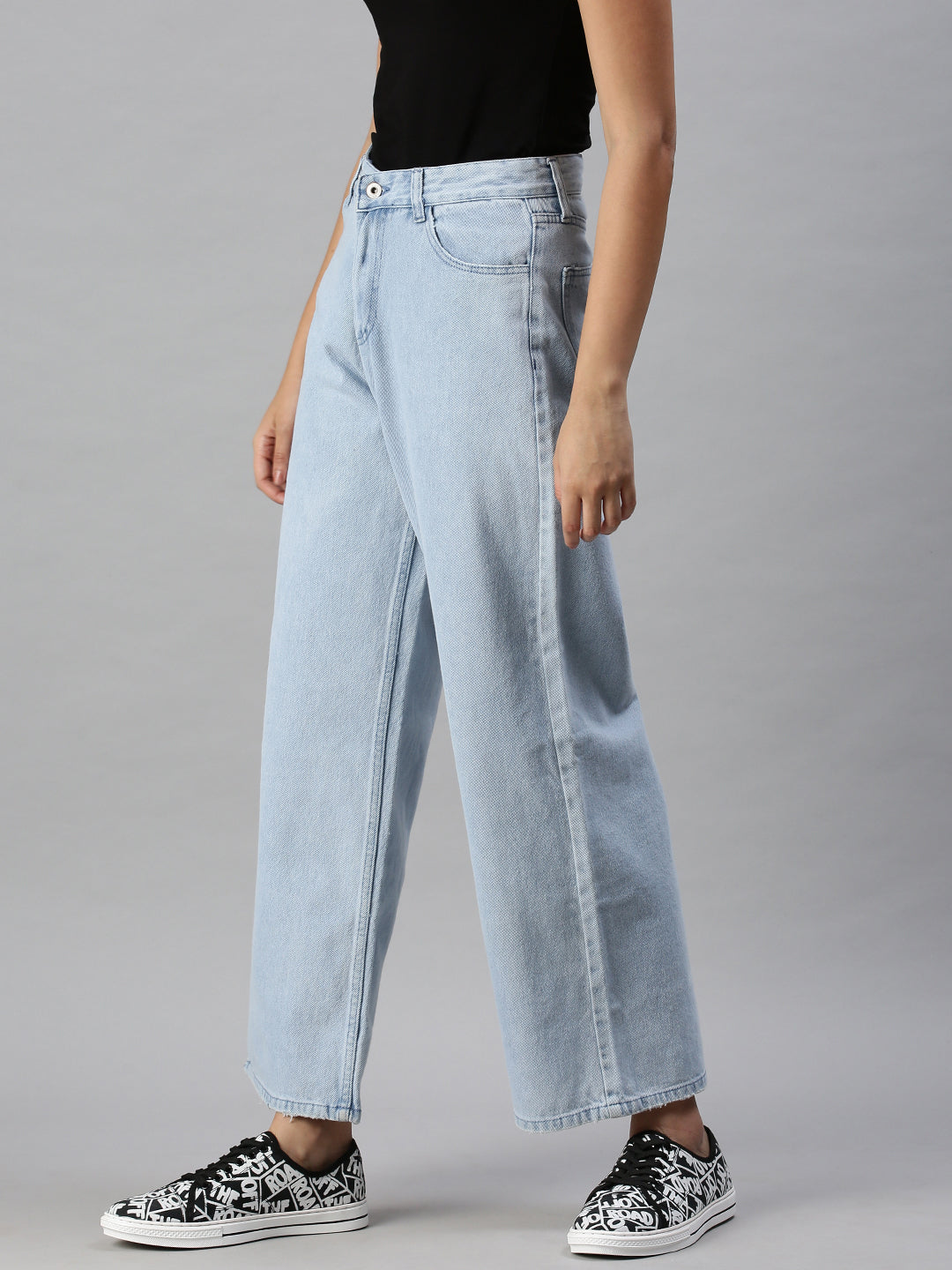 Women's Blue Cotton Wide Leg High-Rise Clean Look Jeans