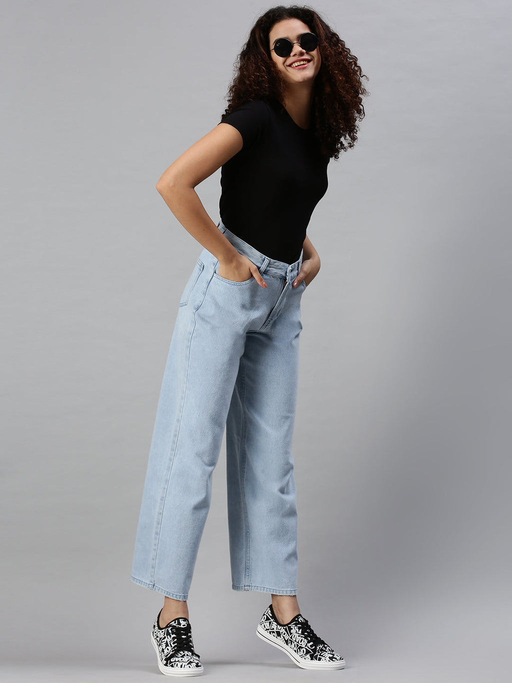 Women's Blue Cotton Wide Leg High-Rise Clean Look Jeans