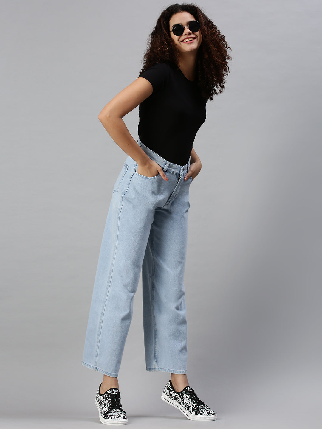 Women's Blue Cotton Wide Leg High-Rise Clean Look Jeans
