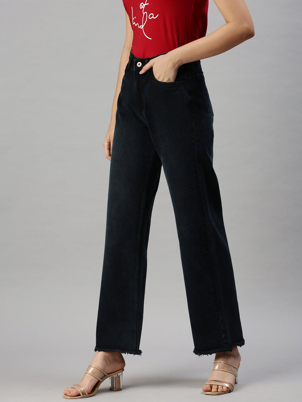 Women's Black Wide Leg Clean Look High-Rise Jeans