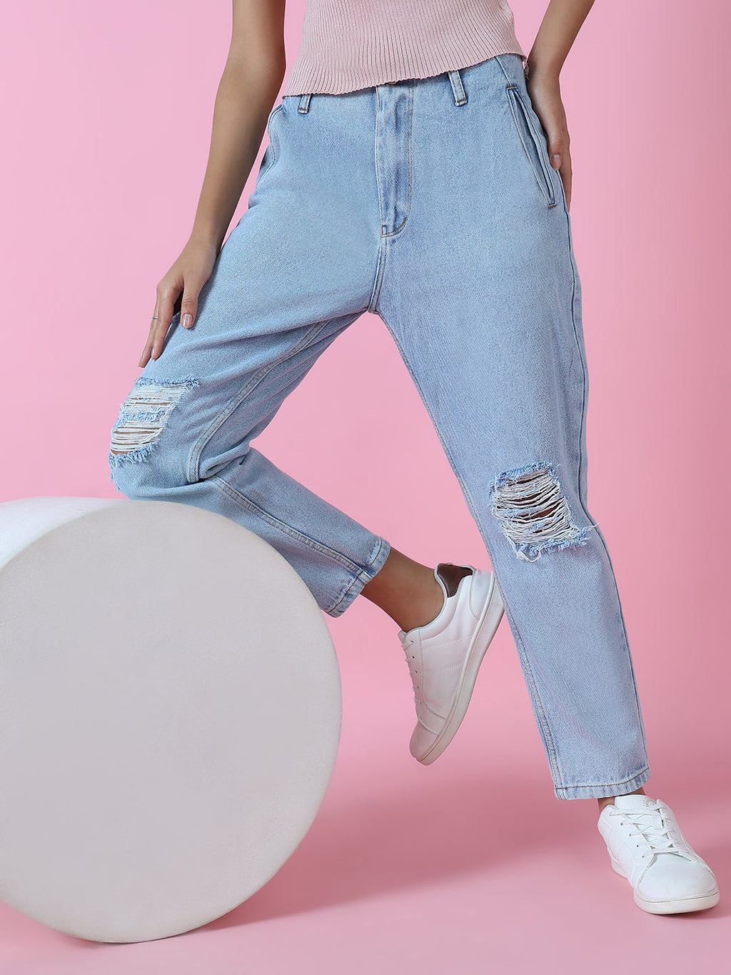 Women's Blue High-Rise Mildly Distressed Elasticated Cotton Jeans