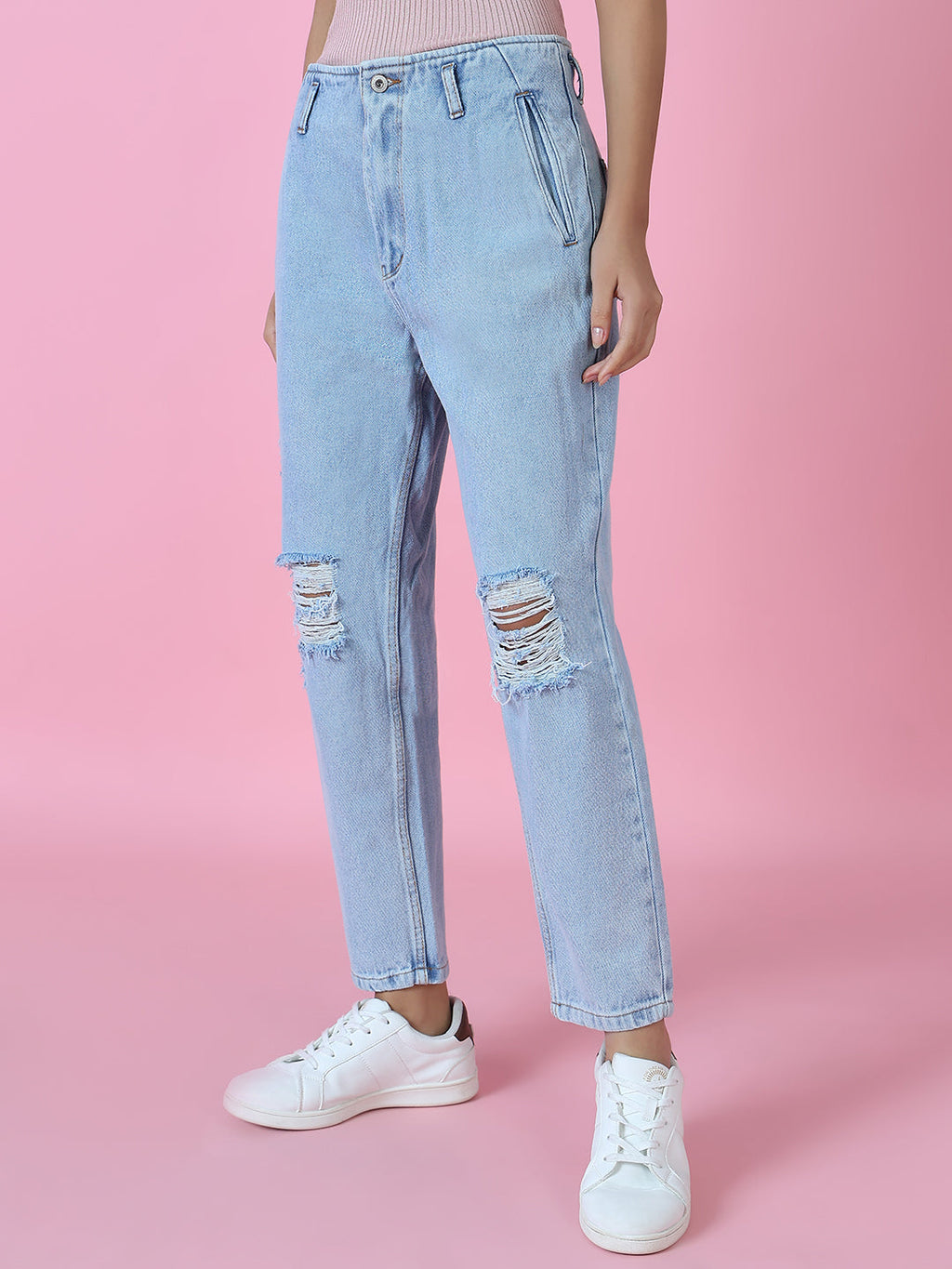 Women's Blue High-Rise Mildly Distressed Elasticated Cotton Jeans