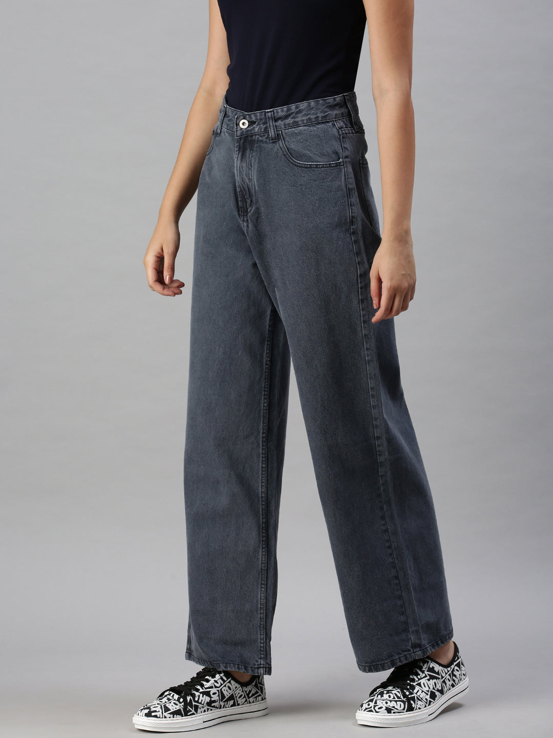 Women's Blue Wide Leg High-Rise Clean Look Cotton Jeans