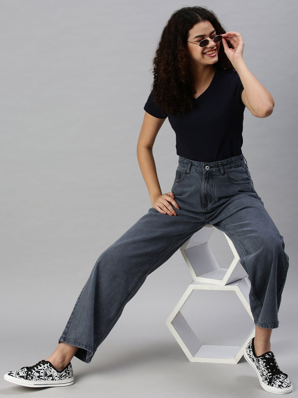 Women's Blue Wide Leg High-Rise Clean Look Cotton Jeans