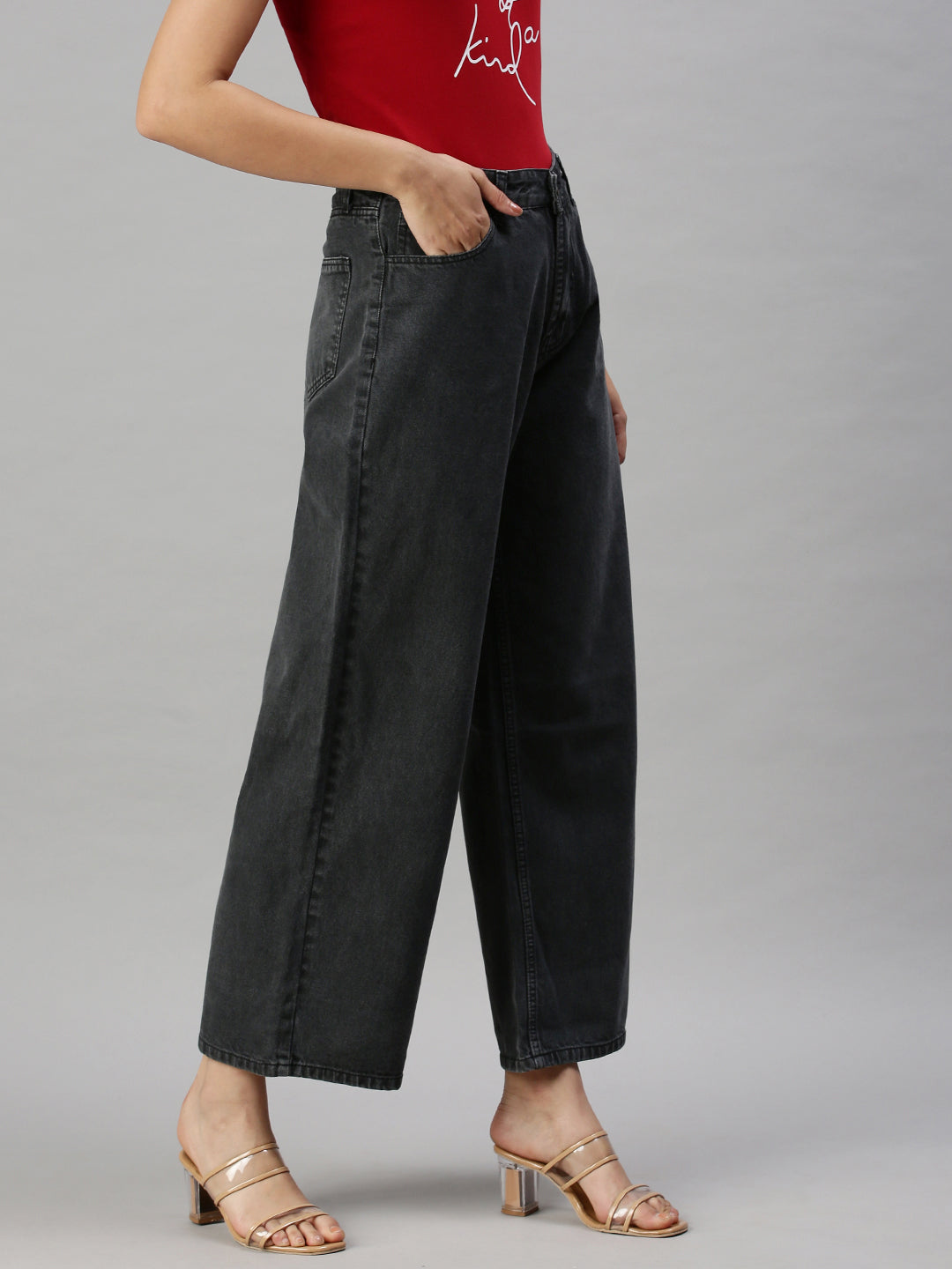 Women's Dark Grey Wide Leg High-Rise Clean Look Jeans