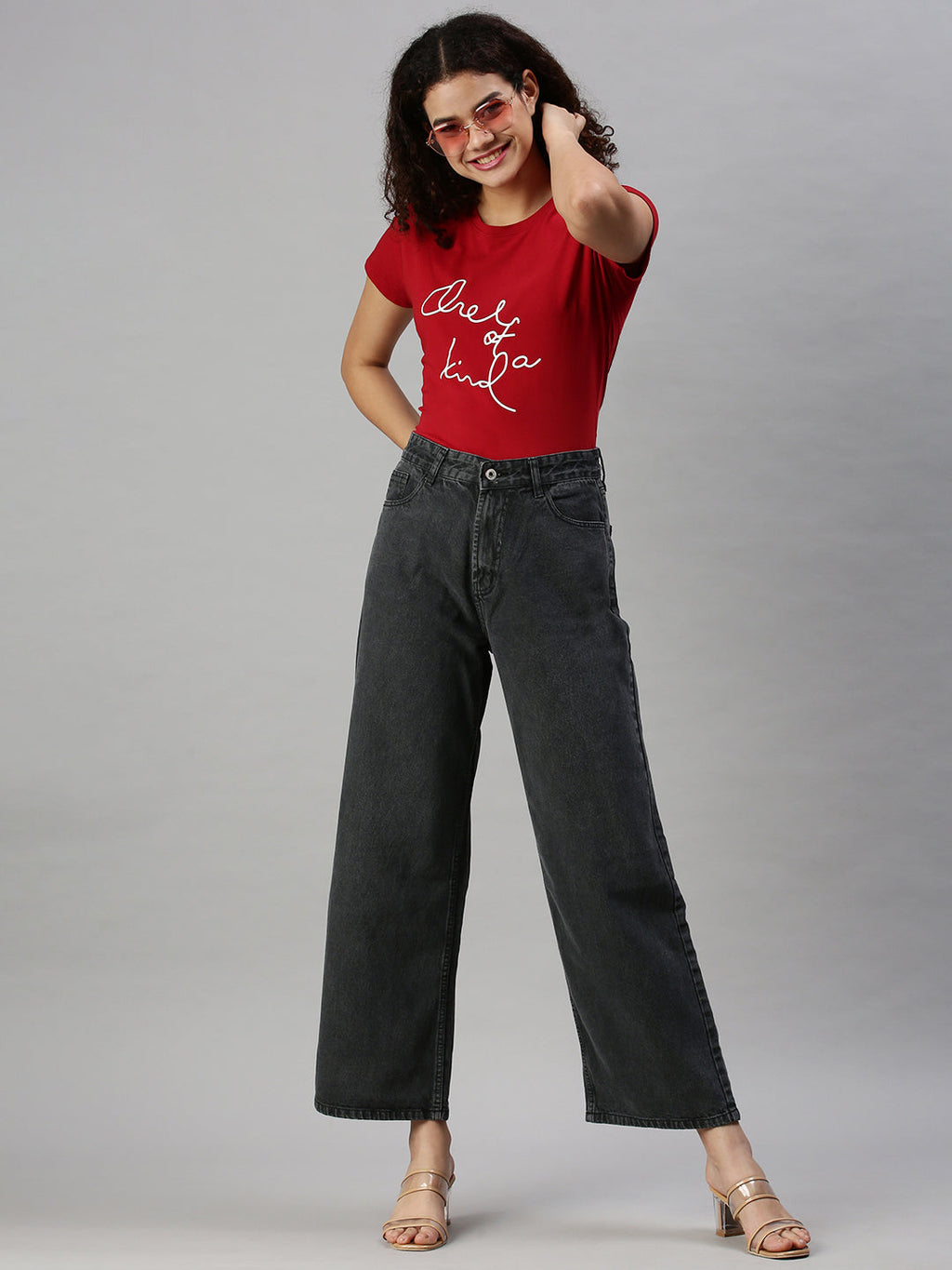 Women's Dark Grey Wide Leg High-Rise Clean Look Jeans