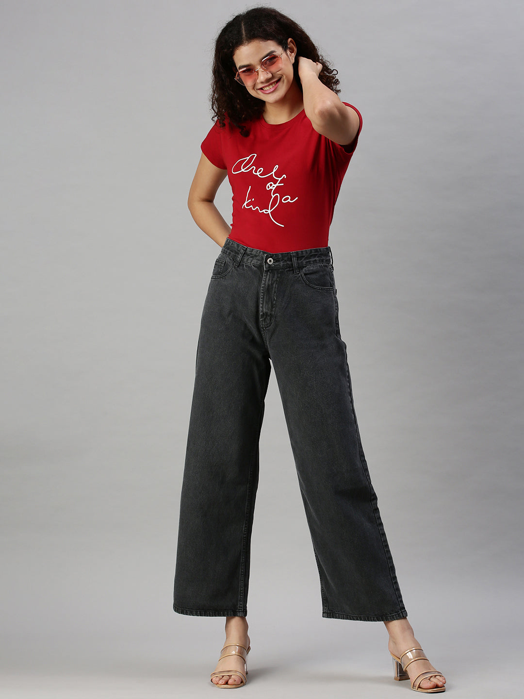 Women's Dark Grey Wide Leg High-Rise Clean Look Jeans