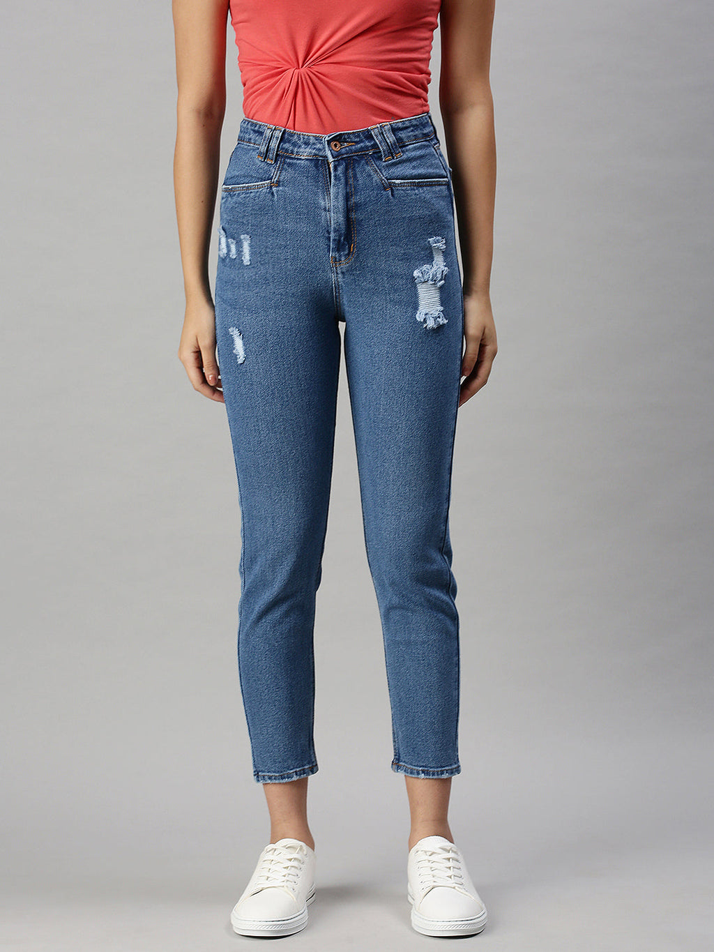 Women's Navy Blue Mom Fit High-Rise Low Distress Stretchable Jeans