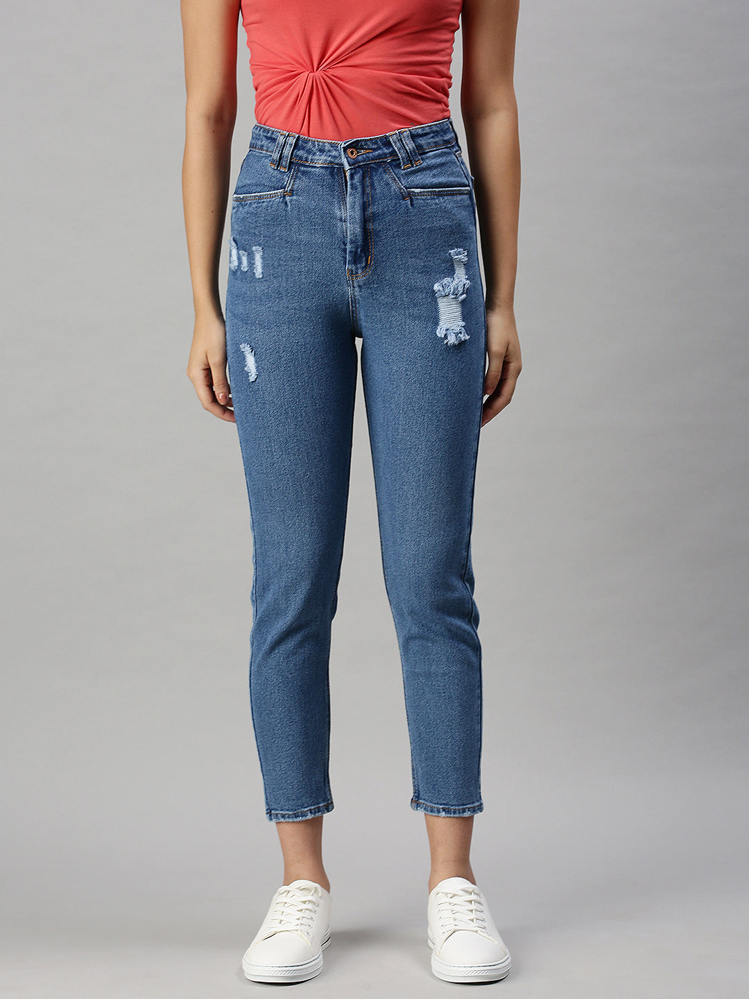 Women's Navy Blue Mom Fit High-Rise Low Distress Stretchable Jeans