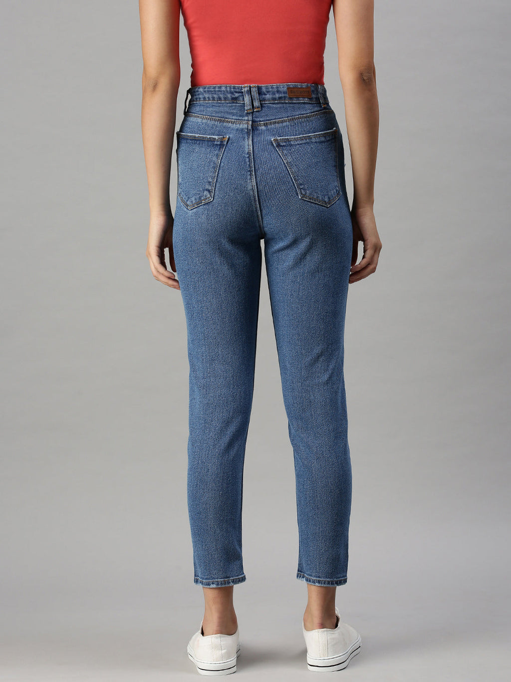 Women's Navy Blue Mom Fit High-Rise Low Distress Stretchable Jeans