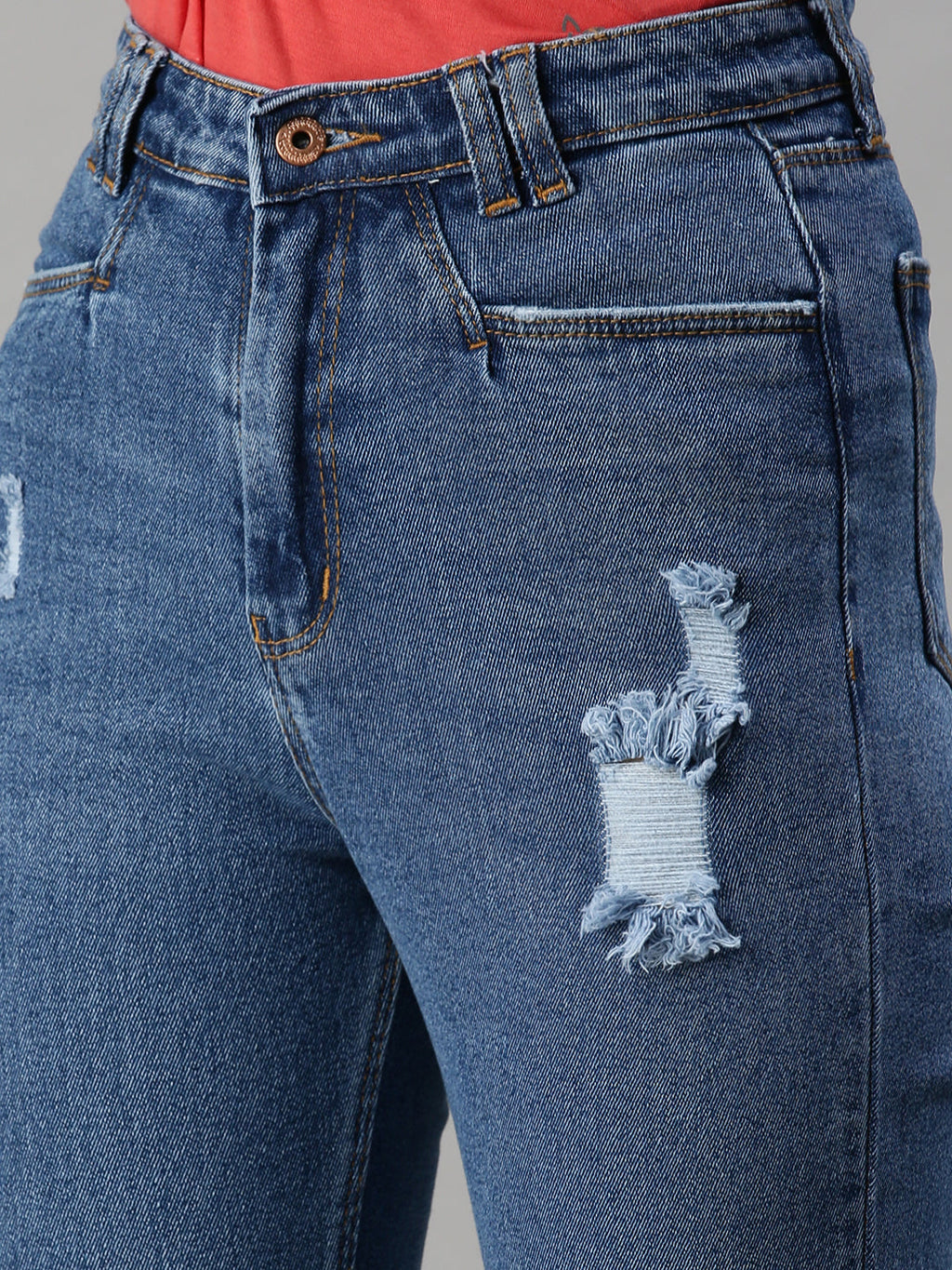 Women's Navy Blue Mom Fit High-Rise Low Distress Stretchable Jeans