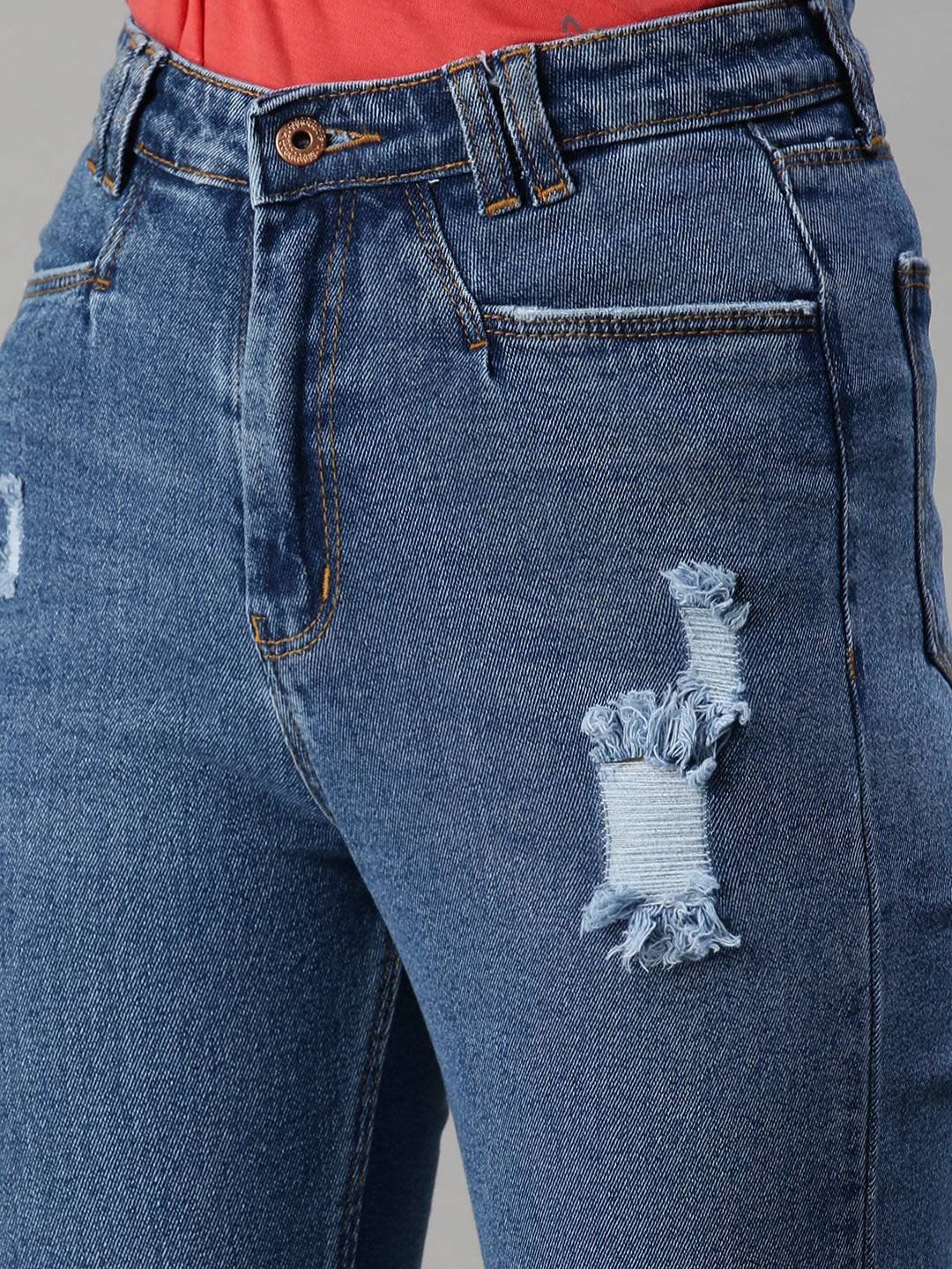 Women's Navy Blue Mom Fit High-Rise Low Distress Stretchable Jeans