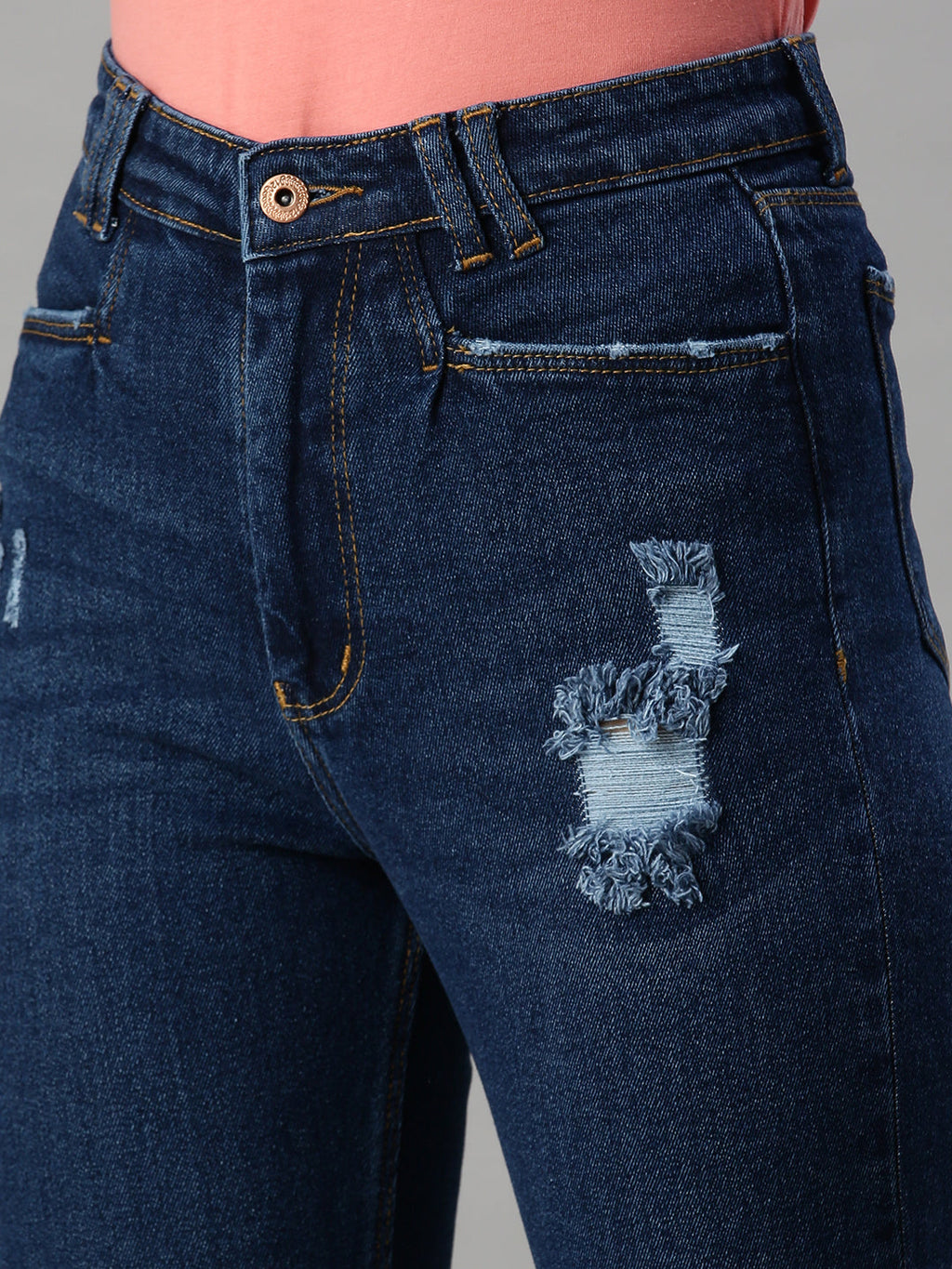 Women's Navy Blue Mom Fit High-Rise Mildly Distressed Stretchable Jeans