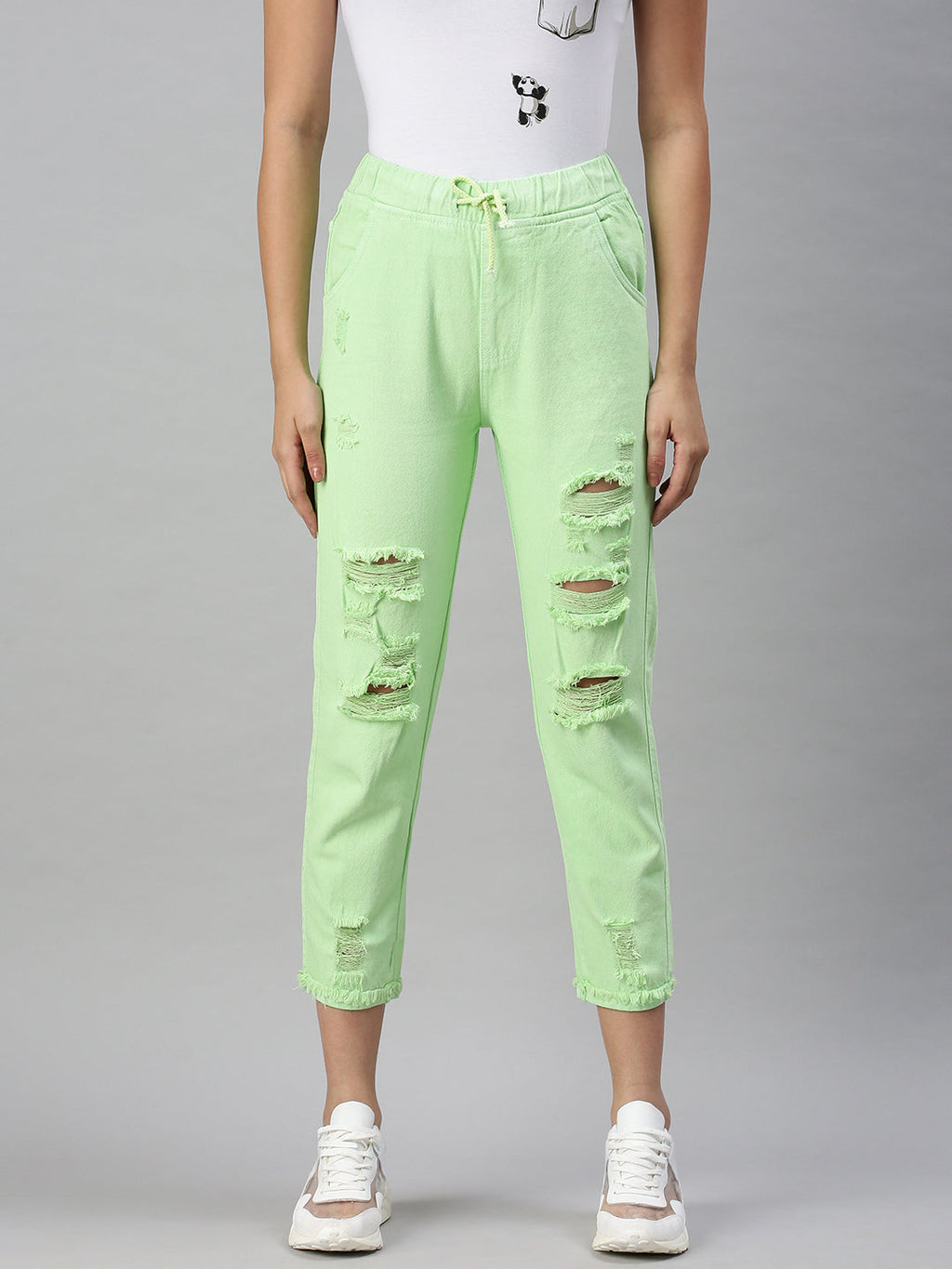Women's Lime Green Cotton High-Rise Highly Distressed Elasticated Jogger Jeans