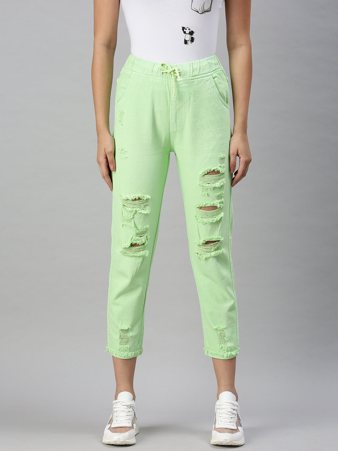 Women's Lime Green Cotton High-Rise Highly Distressed Elasticated Jogger Jeans