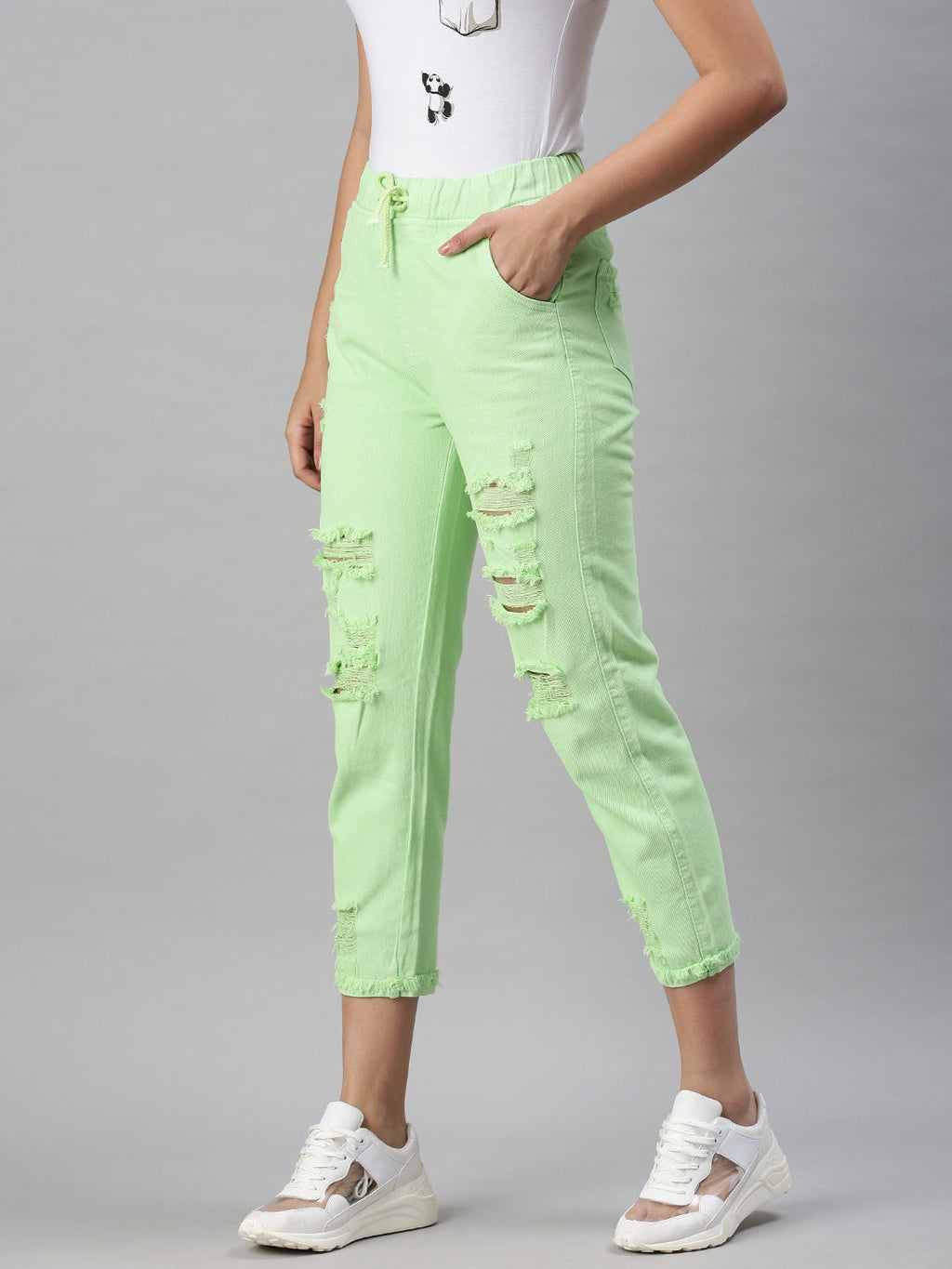 Women's Lime Green Cotton High-Rise Highly Distressed Elasticated Jogger Jeans