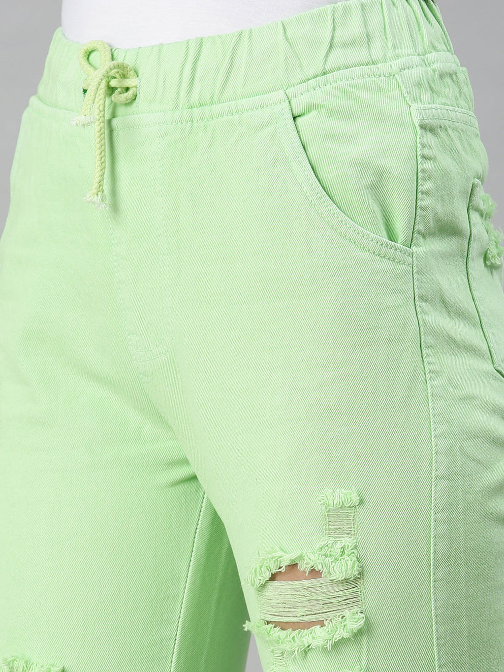 Women's Lime Green Cotton High-Rise Highly Distressed Elasticated Jogger Jeans