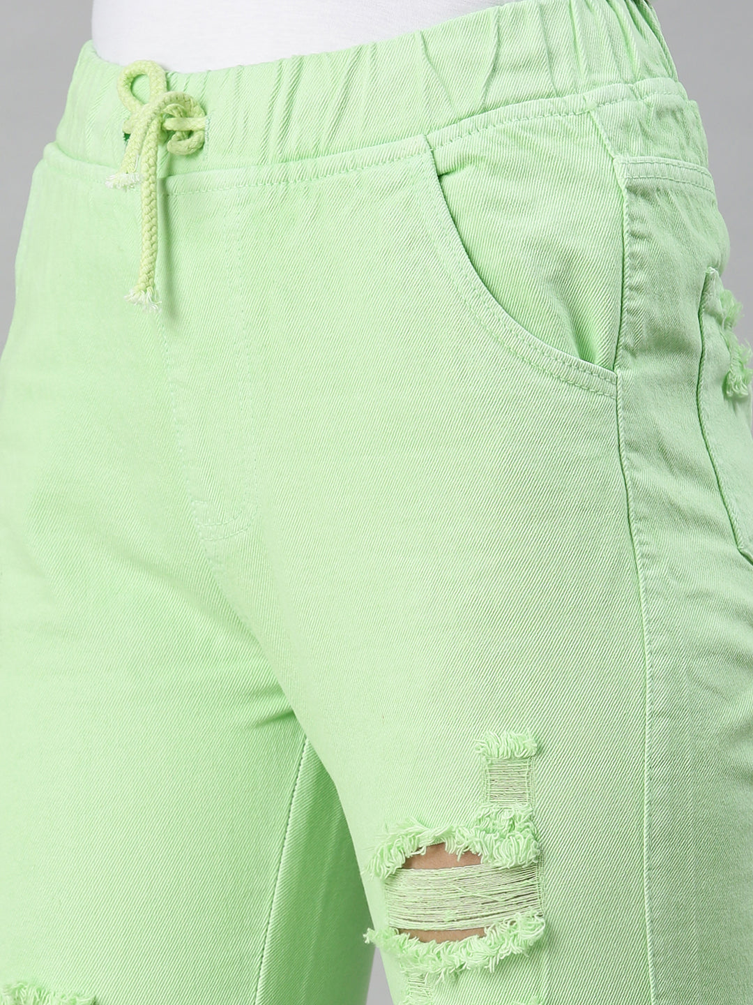 Women's Lime Green Cotton High-Rise Highly Distressed Elasticated Jogger Jeans