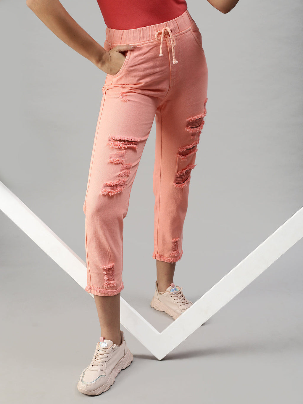 Women's Pink Jogger High-Rise Highly Distressed Jeans