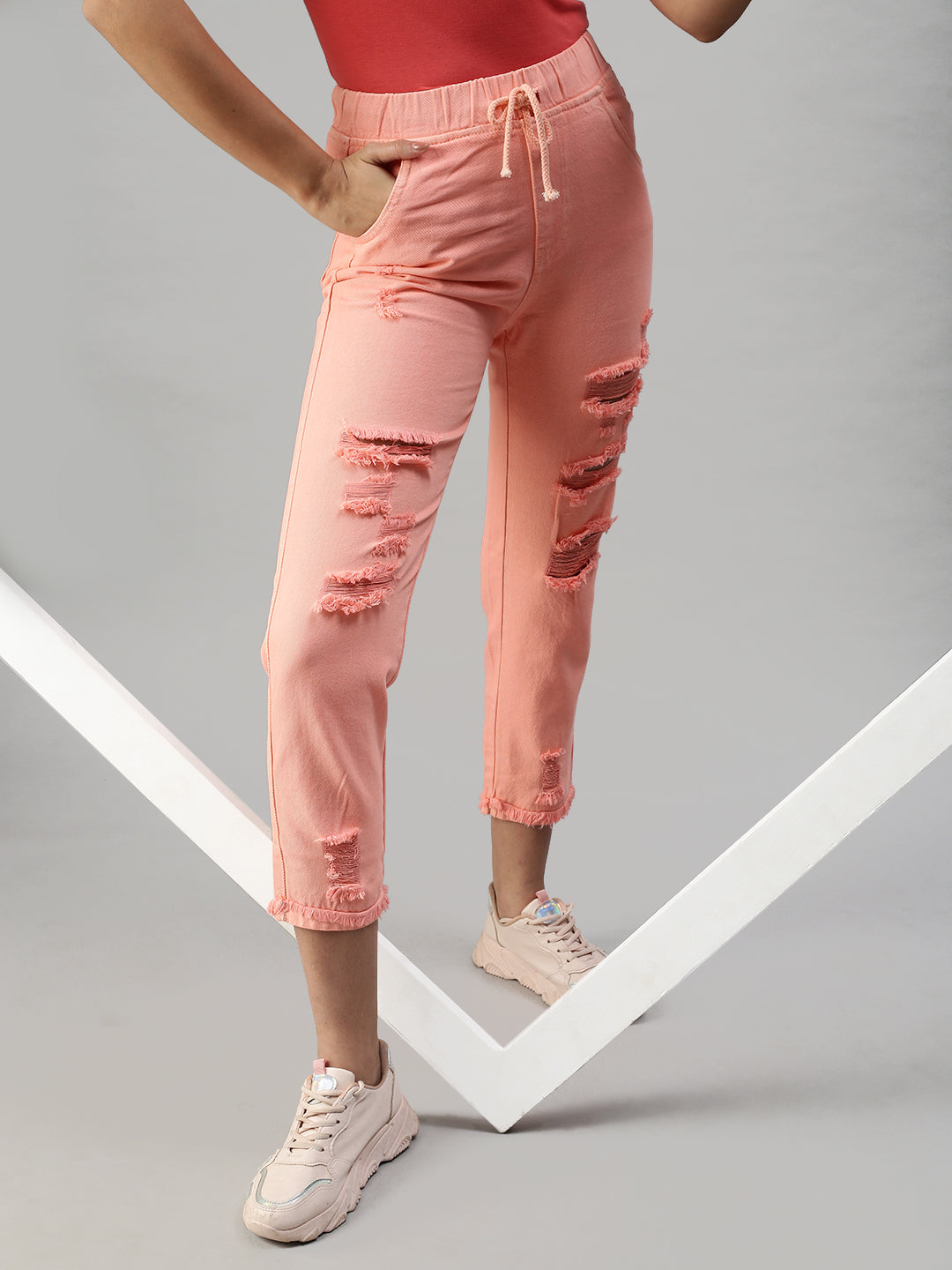 Women's Pink Jogger High-Rise Highly Distressed Jeans