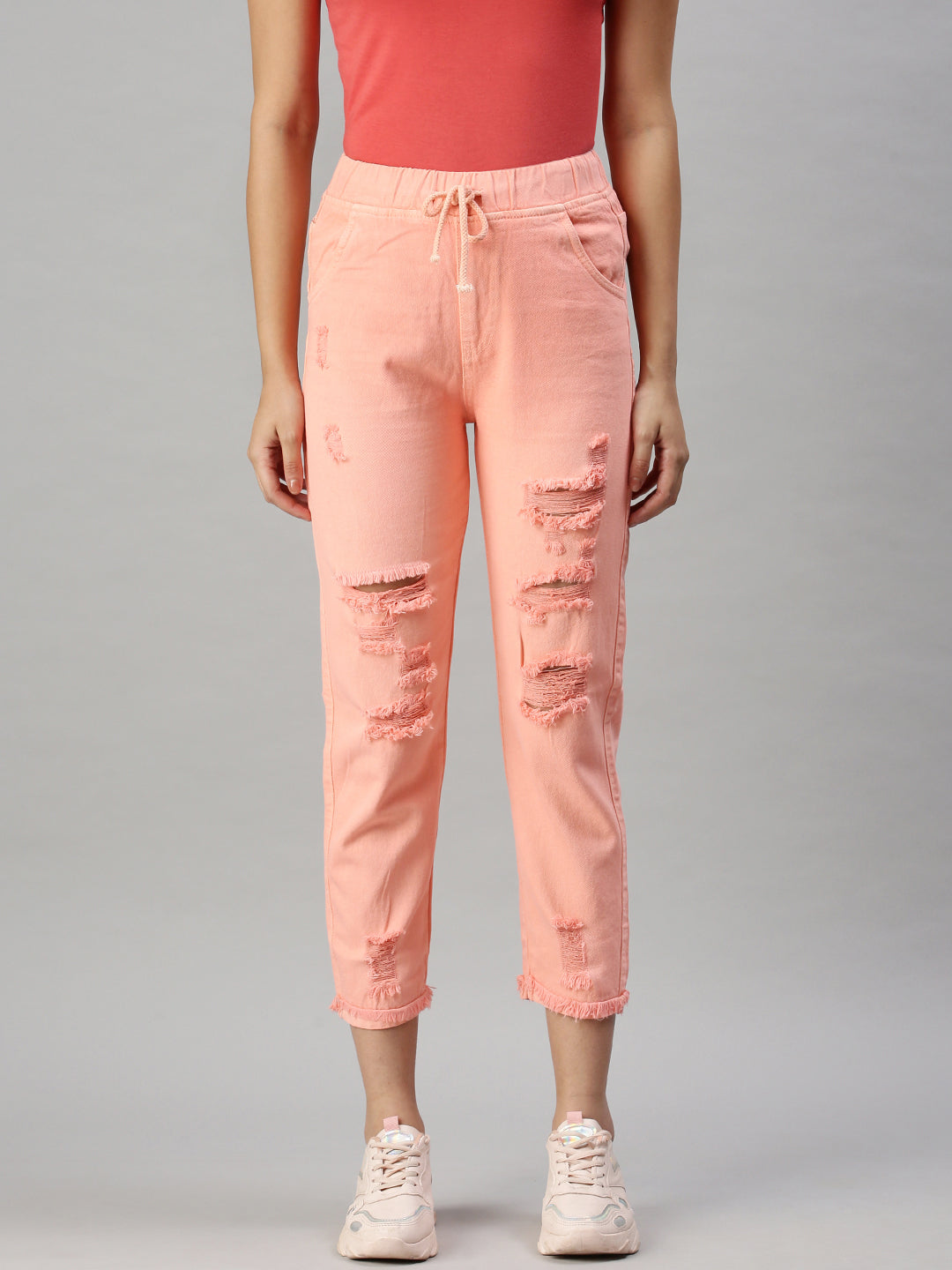 Women's Pink Jogger High-Rise Highly Distressed Jeans