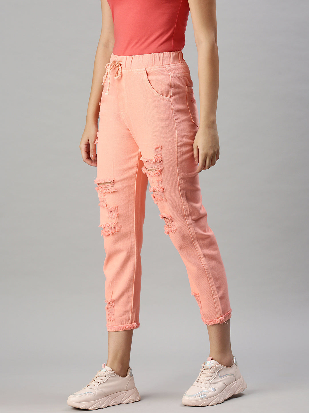 Women's Pink Jogger High-Rise Highly Distressed Jeans