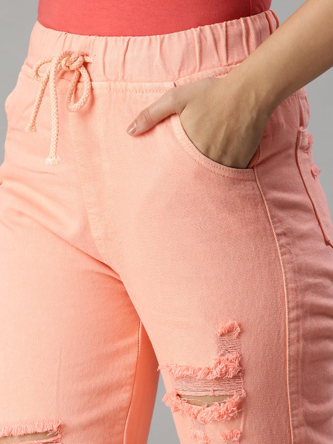 Women's Pink Jogger High-Rise Highly Distressed Jeans