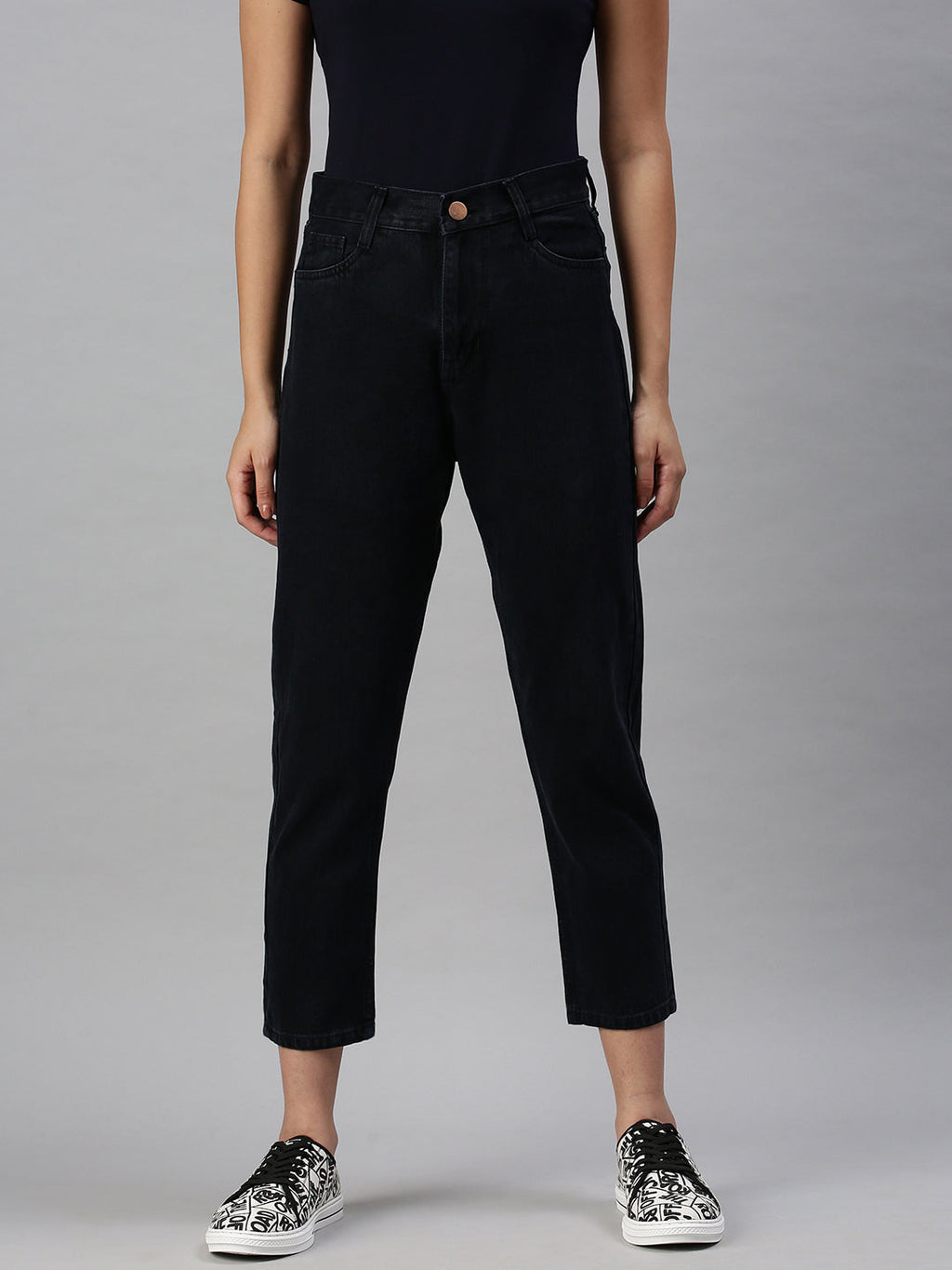 Women's Blue Cotton Boyfriend Fit High-Rise Clean Look Jeans