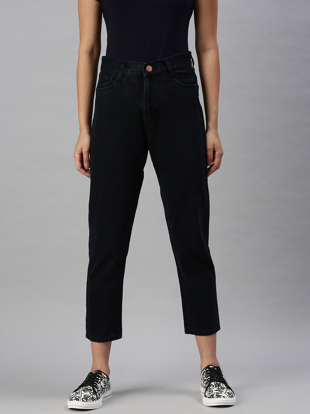 Women's Blue Cotton Boyfriend Fit High-Rise Clean Look Jeans