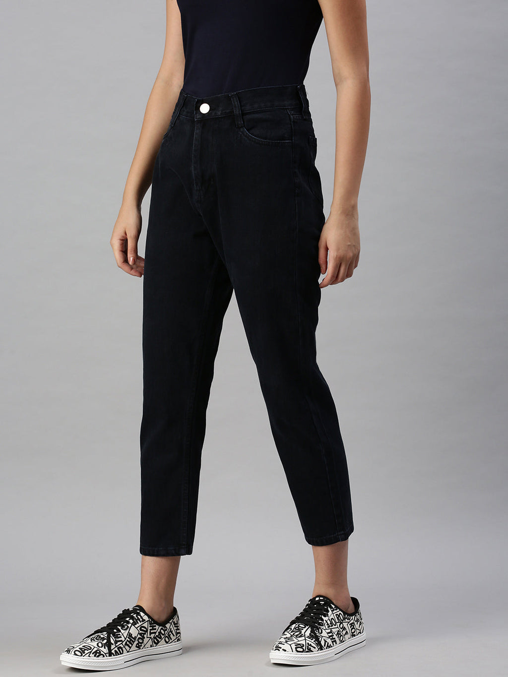 Women's Blue Cotton Boyfriend Fit High-Rise Clean Look Jeans