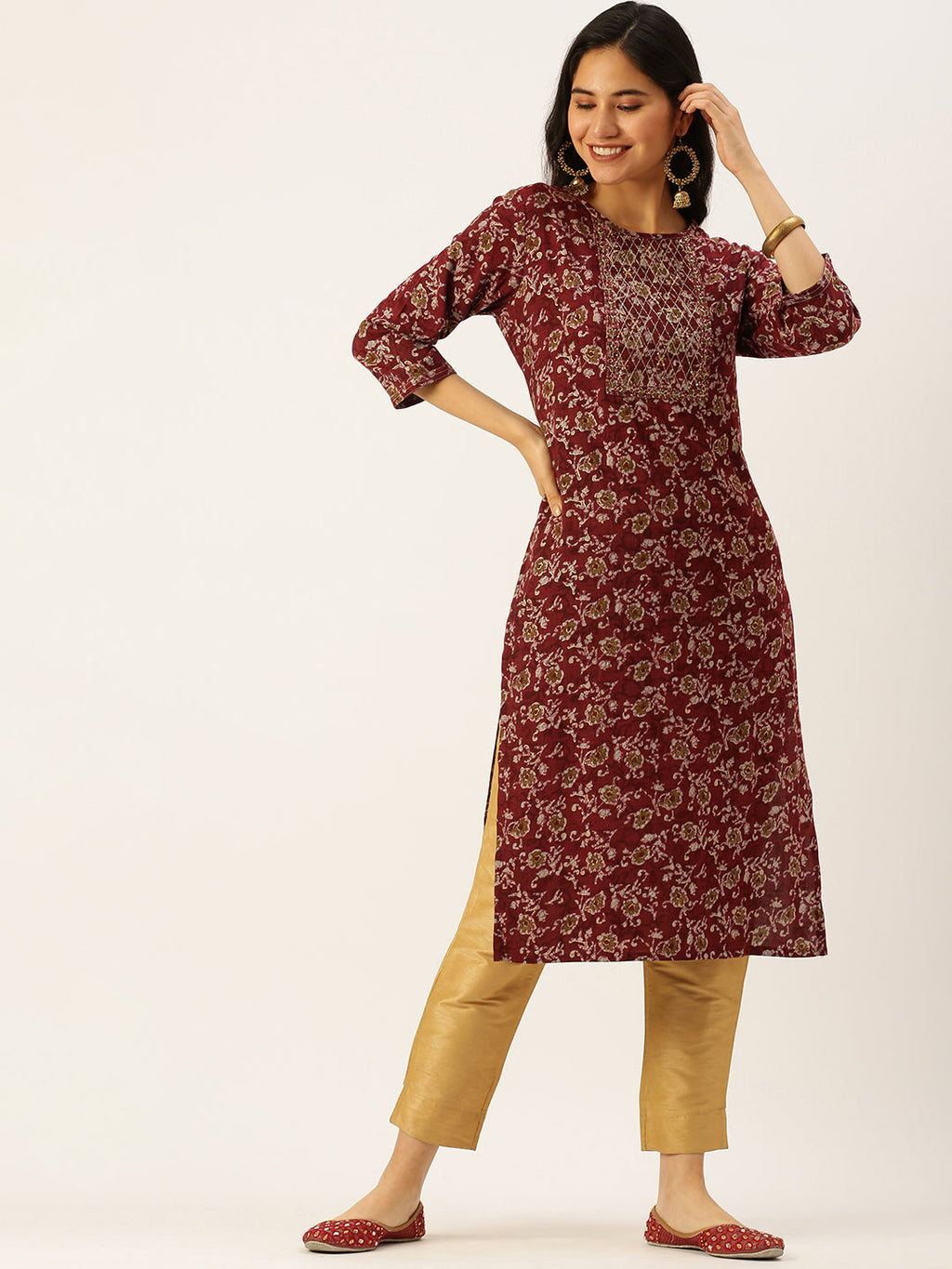 Women's Printed Maroon Straight Kurta