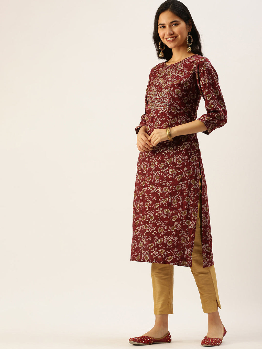 Women's Printed Maroon Straight Kurta