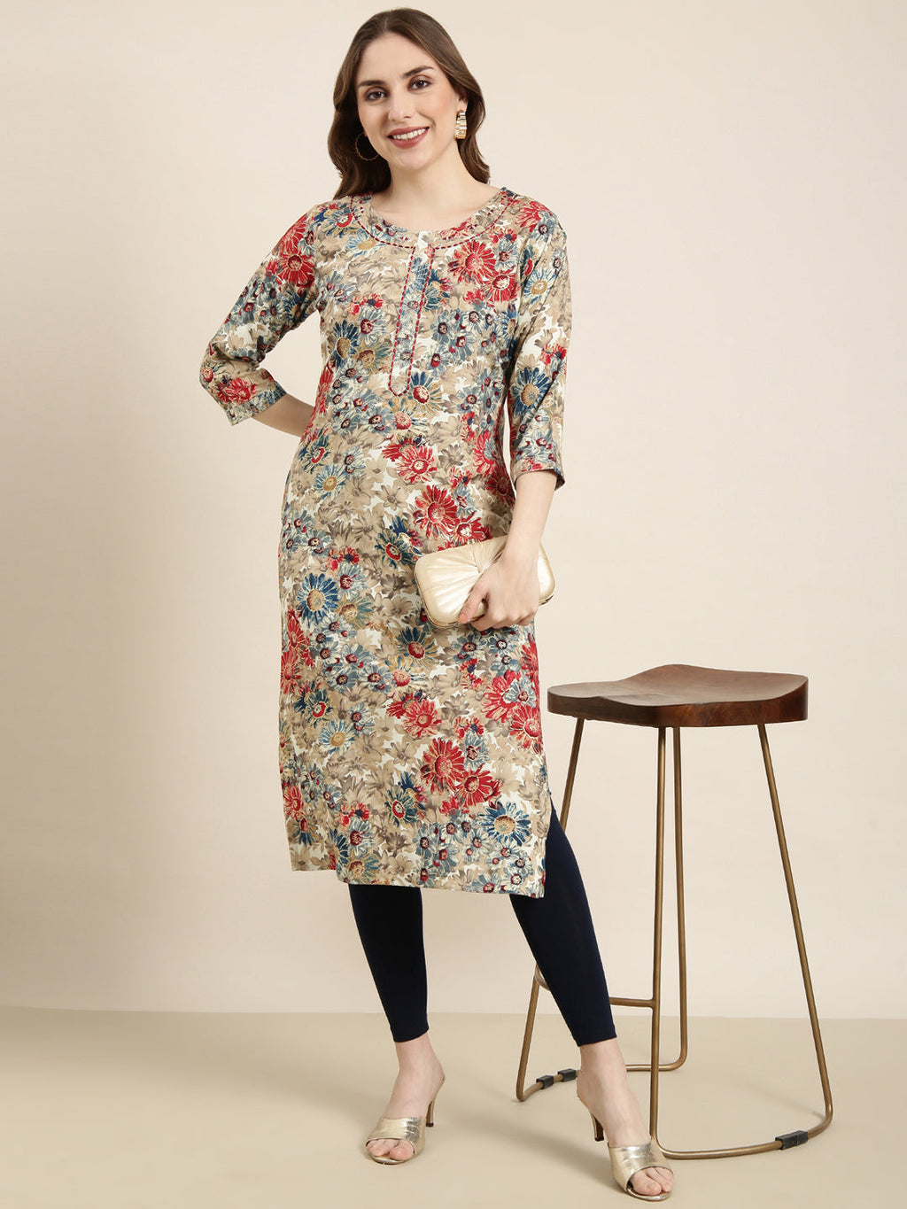 Women's Straight Beige Floral Kurta