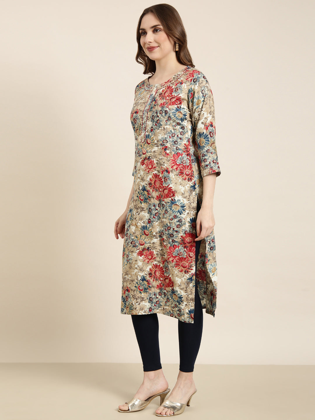 Women's Straight Beige Floral Kurta