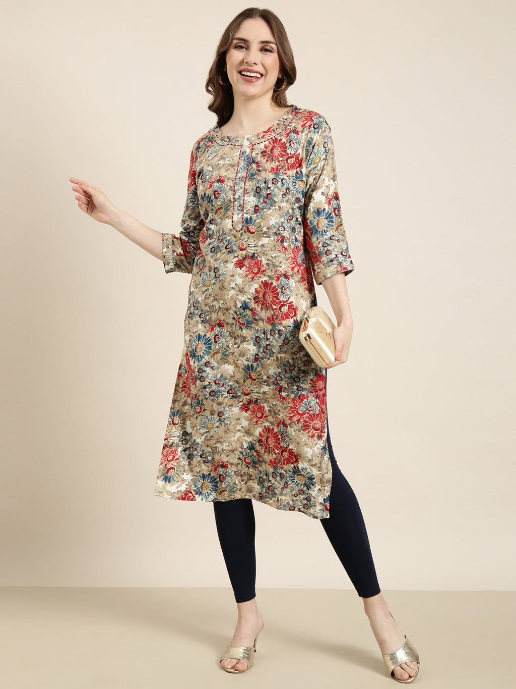 Women's Straight Beige Floral Kurta