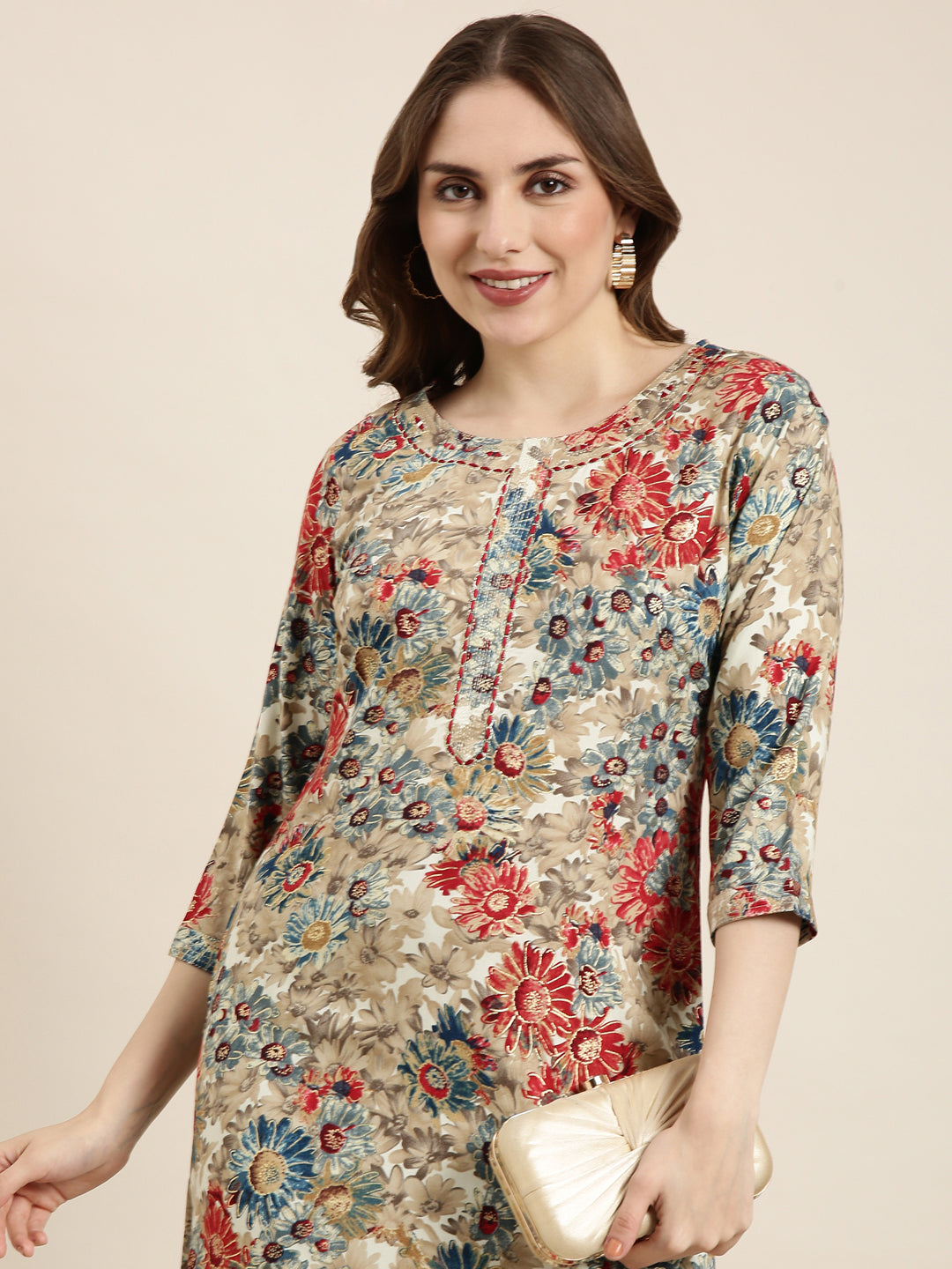 Women's Straight Beige Floral Kurta