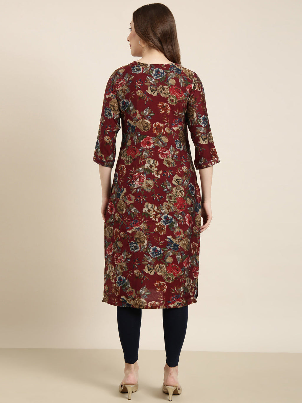 Women's Straight Maroon Floral Kurta