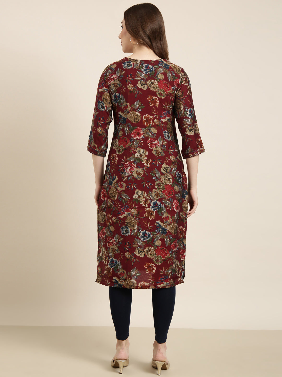 Women's Straight Maroon Floral Kurta