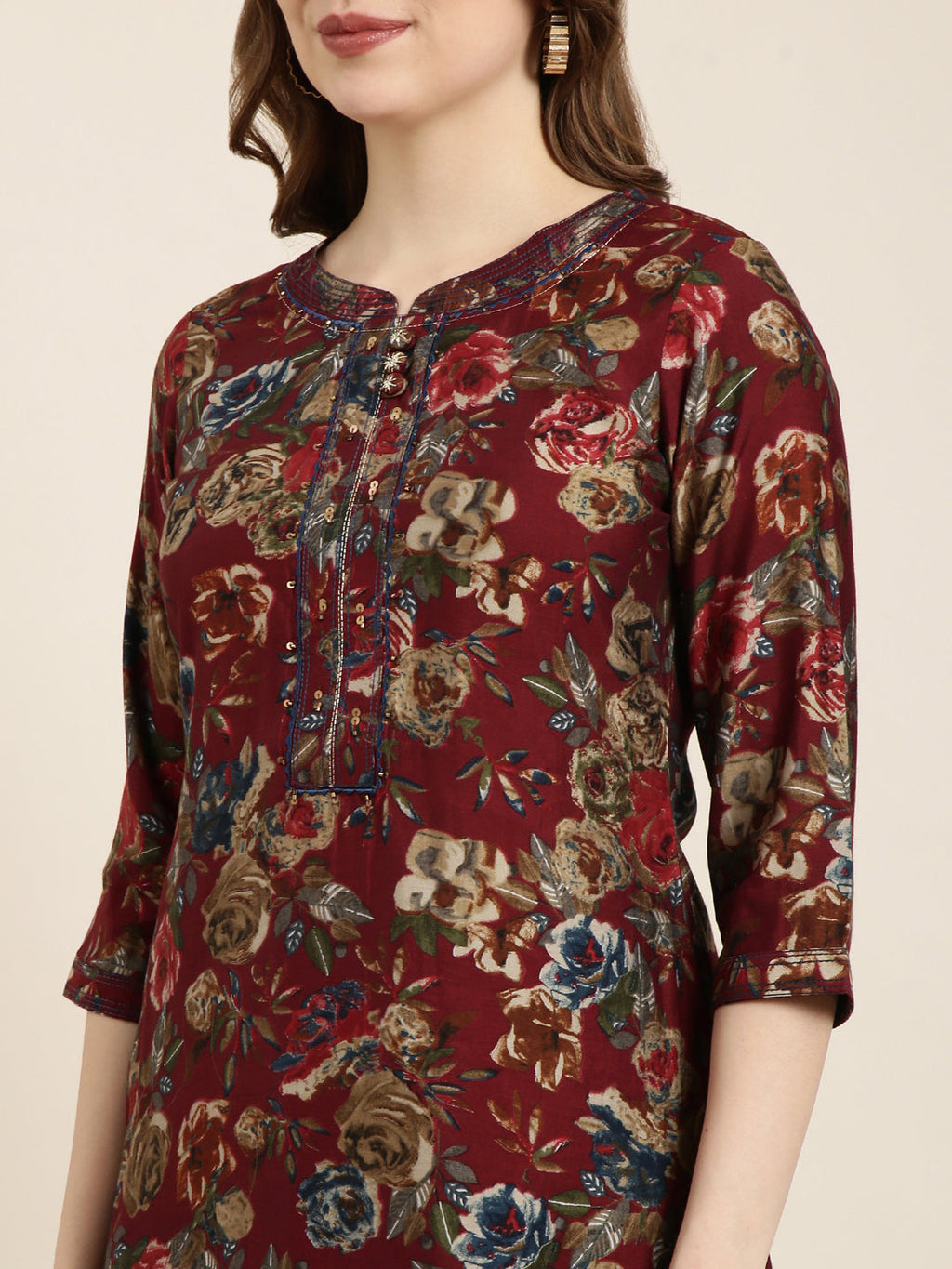 Women's Straight Maroon Floral Kurta
